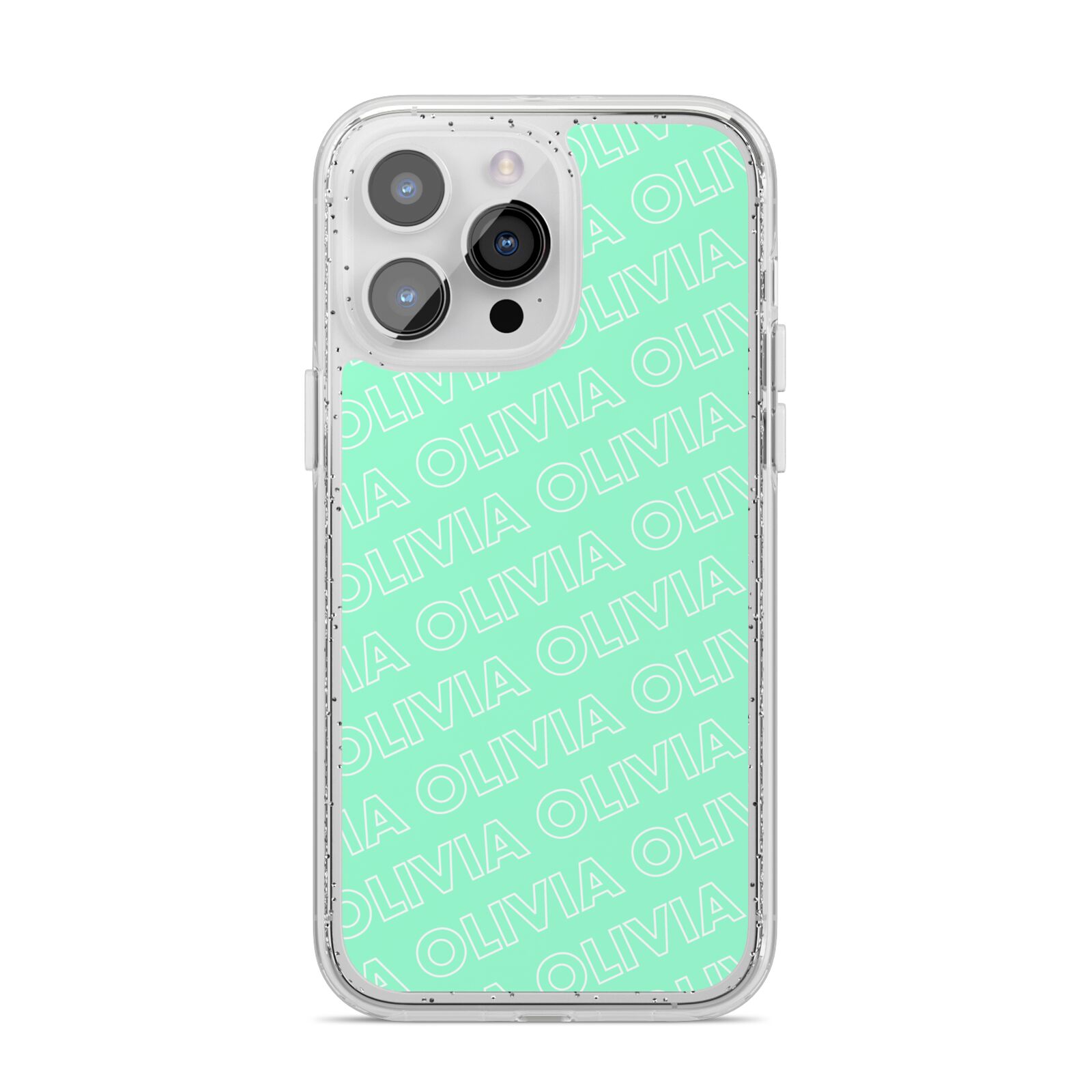 Personalised Aqua Diagonal Name iPhone 14 Pro Max Glitter Tough Case Silver