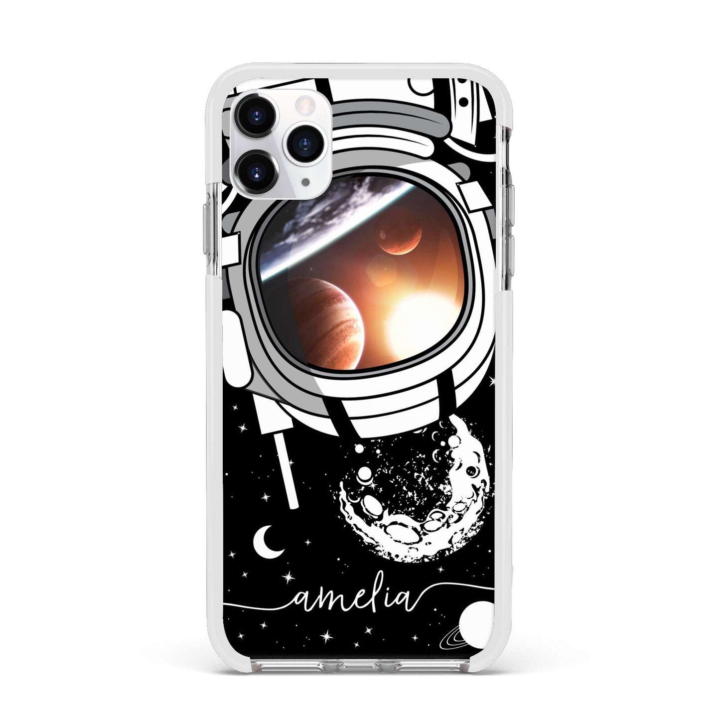 Personalised Astronaut in Space Name Apple iPhone 11 Pro Max in Silver with White Impact Case