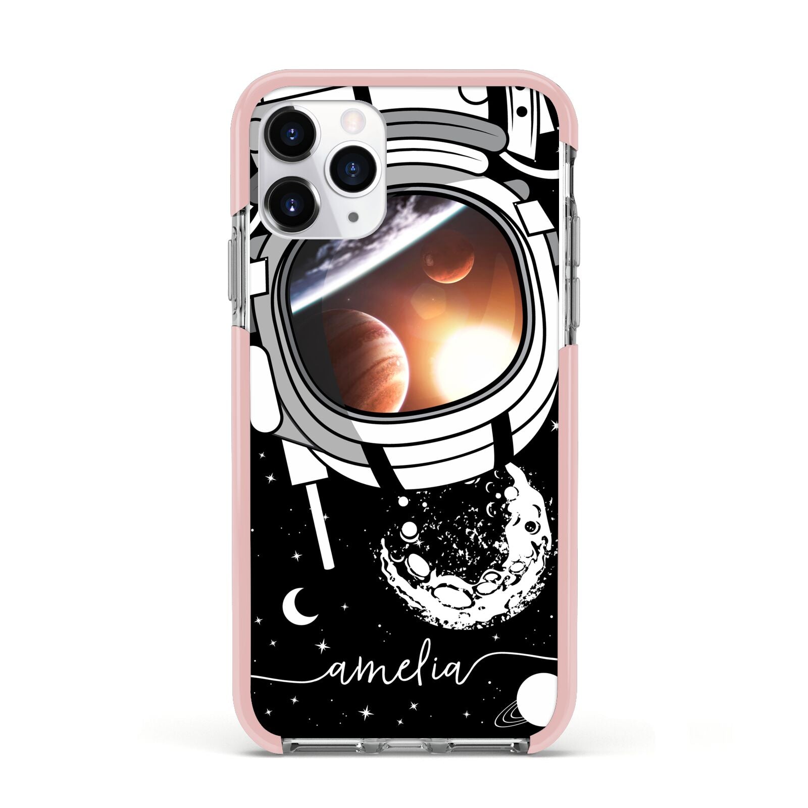 Personalised Astronaut in Space Name Apple iPhone 11 Pro in Silver with Pink Impact Case