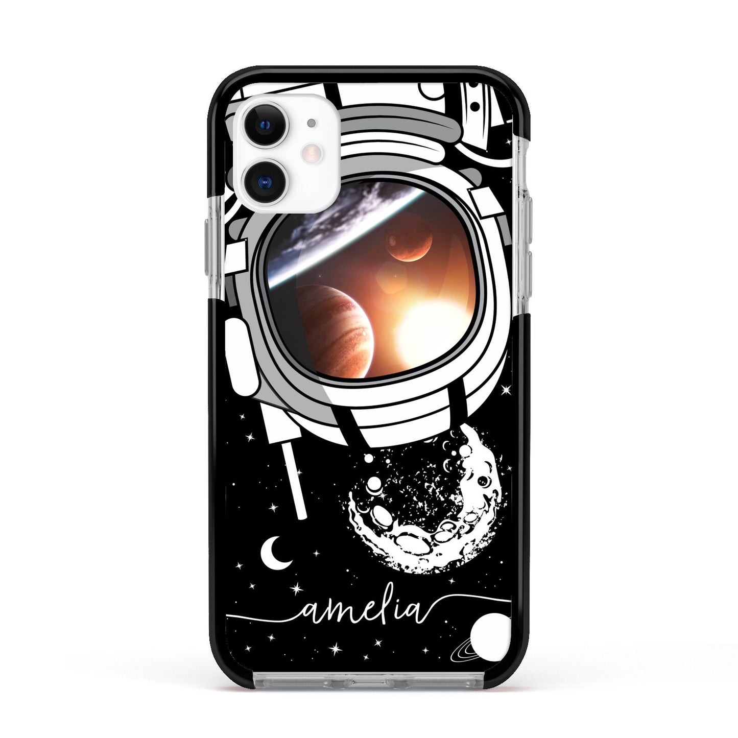 Personalised Astronaut in Space Name Apple iPhone 11 in White with Black Impact Case