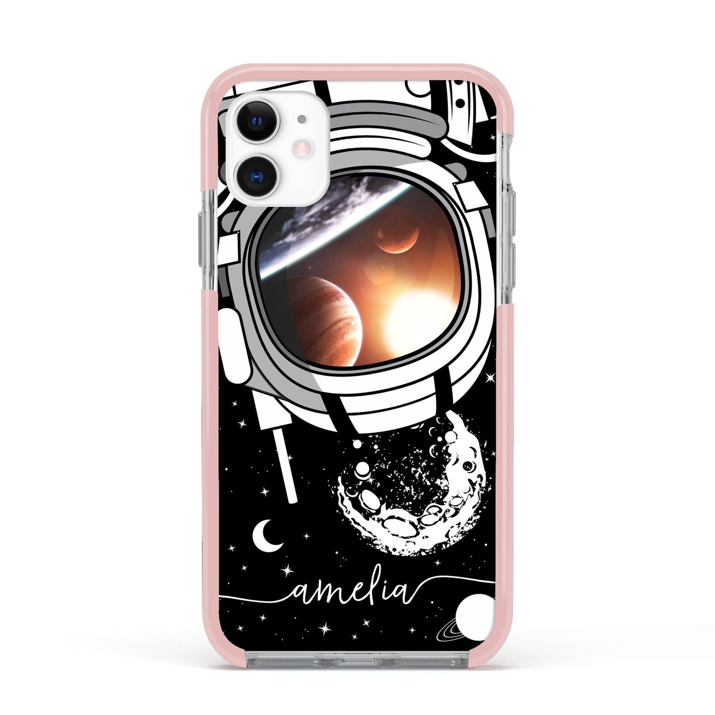 Personalised Astronaut in Space Name Apple iPhone 11 in White with Pink Impact Case