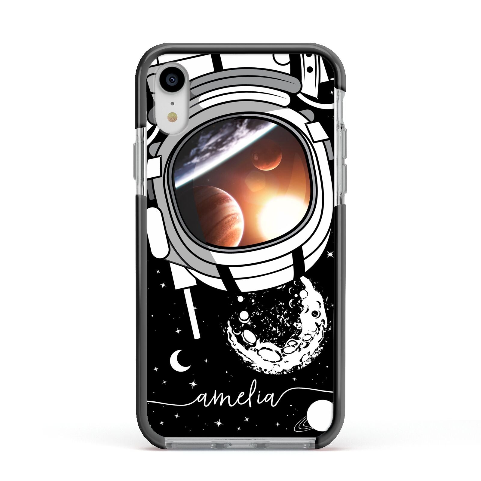 Personalised Astronaut in Space Name Apple iPhone XR Impact Case Black Edge on Silver Phone