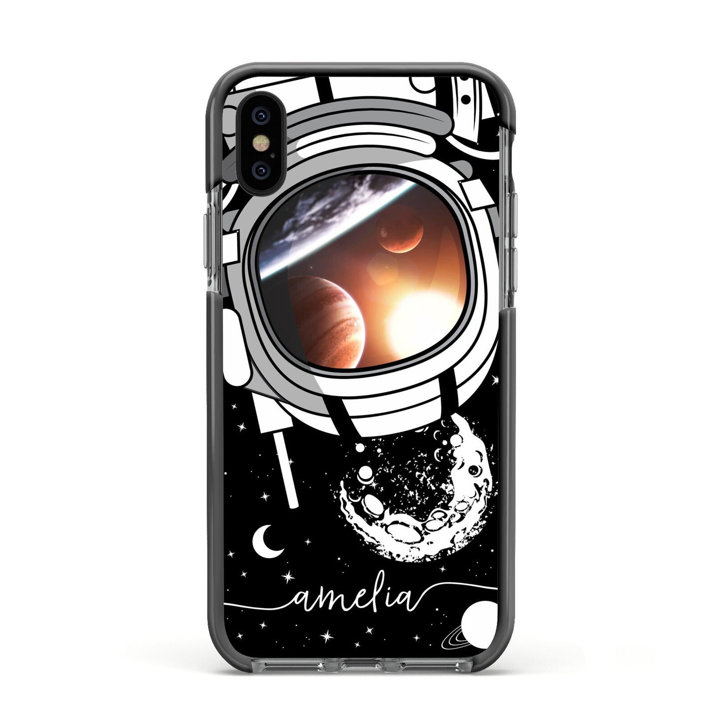 Personalised Astronaut in Space Name Apple iPhone Xs Impact Case Black Edge on Black Phone