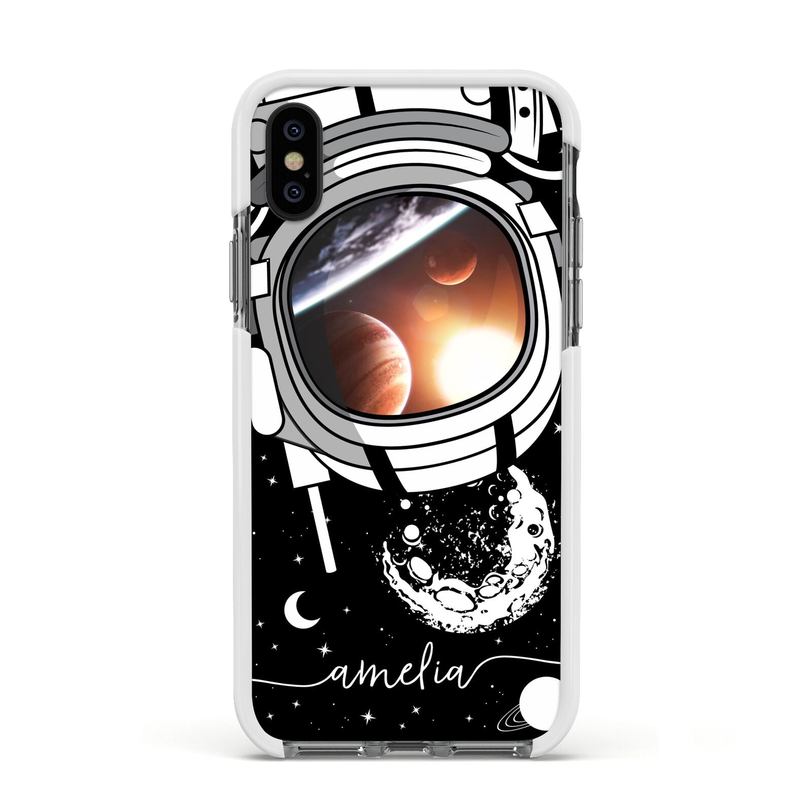 Personalised Astronaut in Space Name Apple iPhone Xs Impact Case White Edge on Black Phone