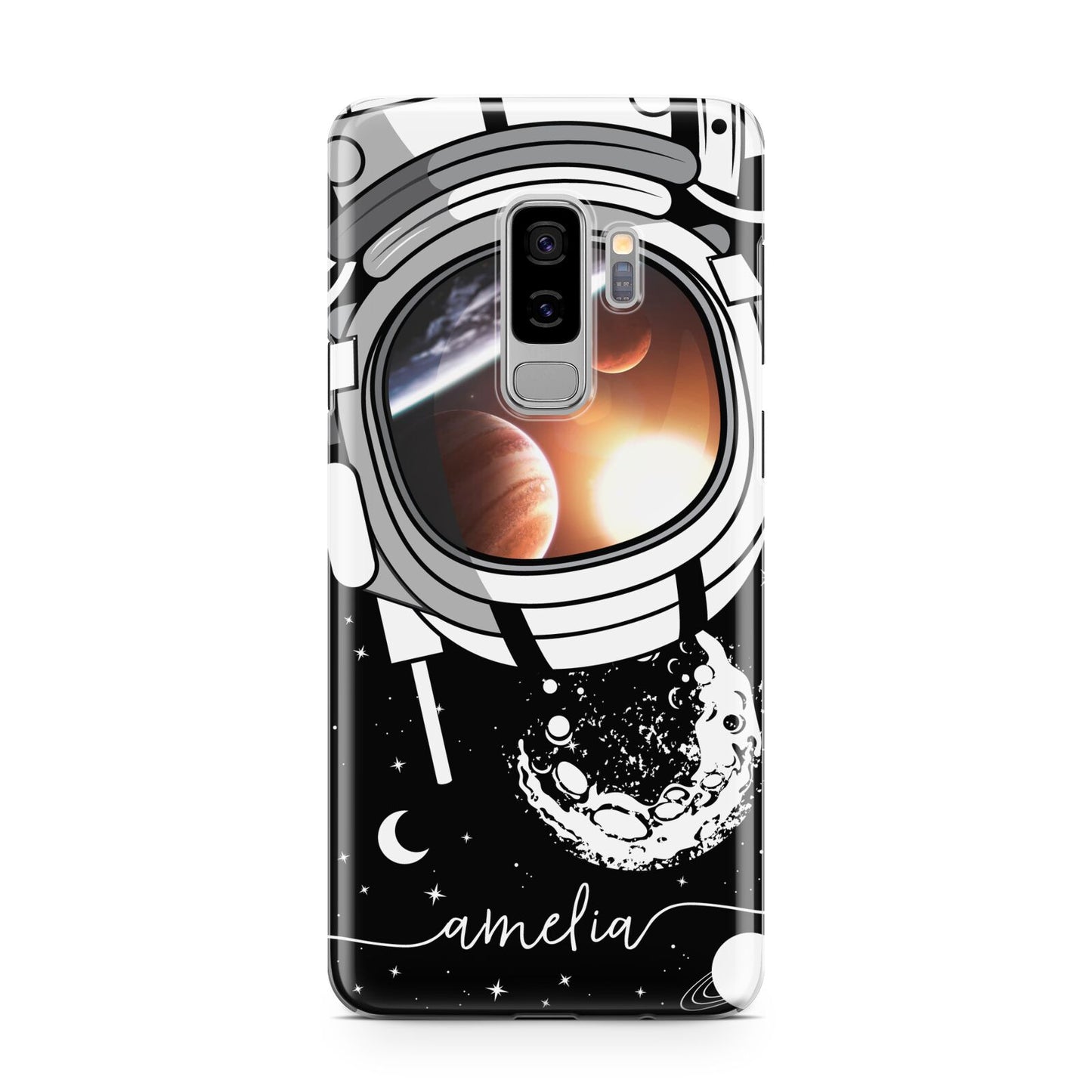 Personalised Astronaut in Space Name Samsung Galaxy S9 Plus Case on Silver phone