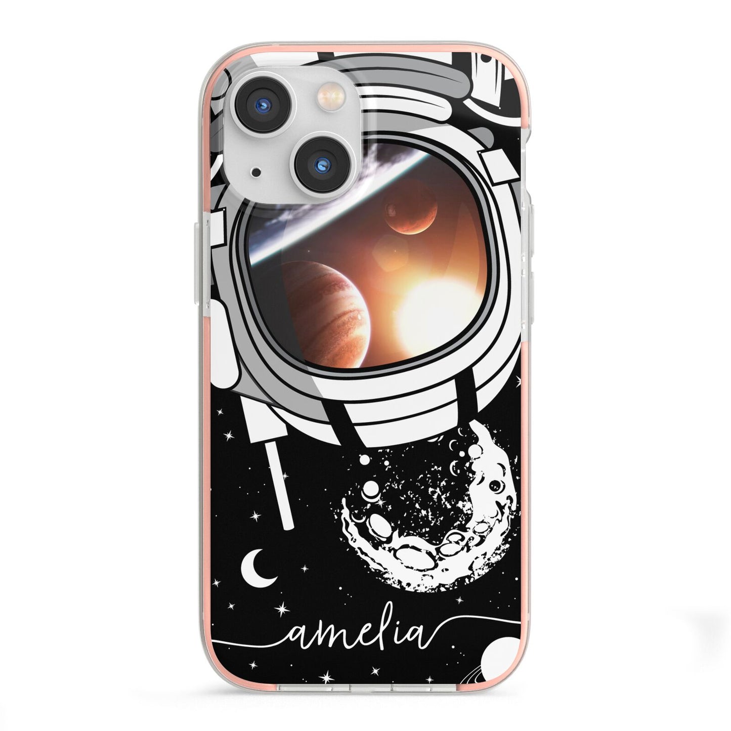 Personalised Astronaut in Space Name iPhone 13 Mini TPU Impact Case with Pink Edges