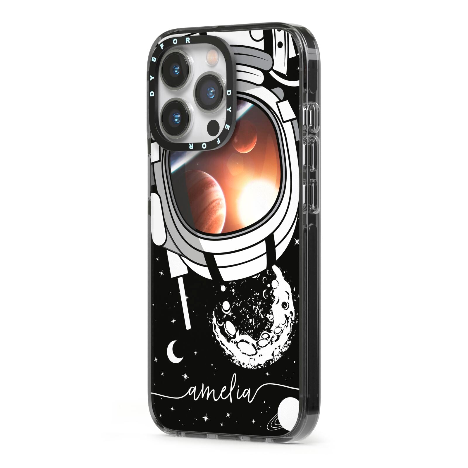 Personalised Astronaut in Space Name iPhone 13 Pro Black Impact Case Side Angle on Silver phone