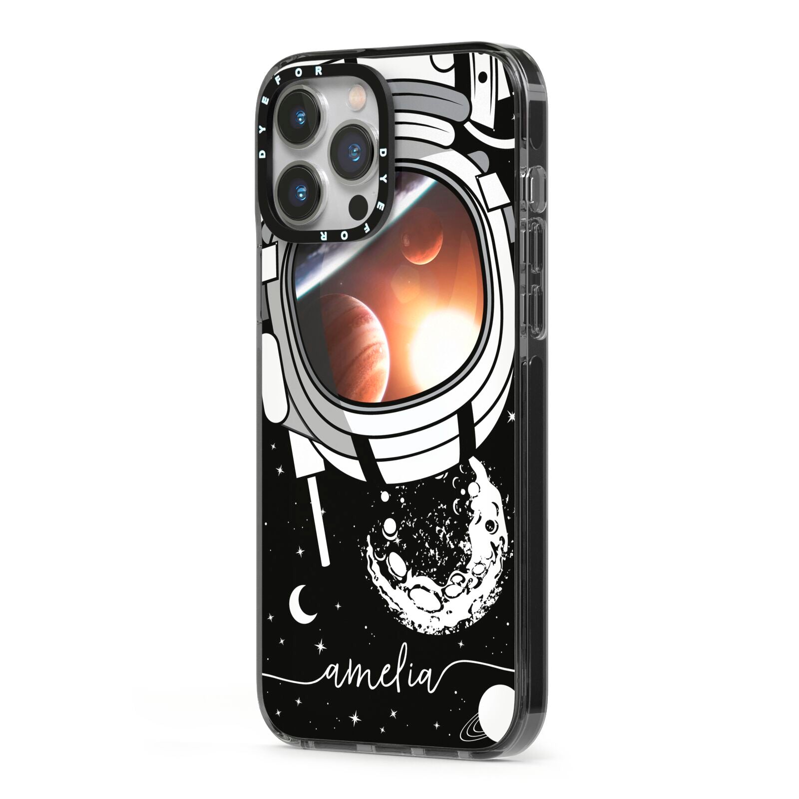 Personalised Astronaut in Space Name iPhone 13 Pro Max Black Impact Case Side Angle on Silver phone