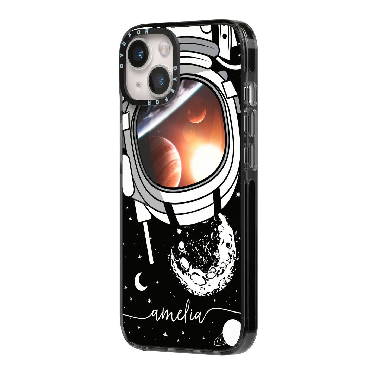 Personalised Astronaut in Space Name iPhone 14 Black Impact Case Side Angle on Silver phone
