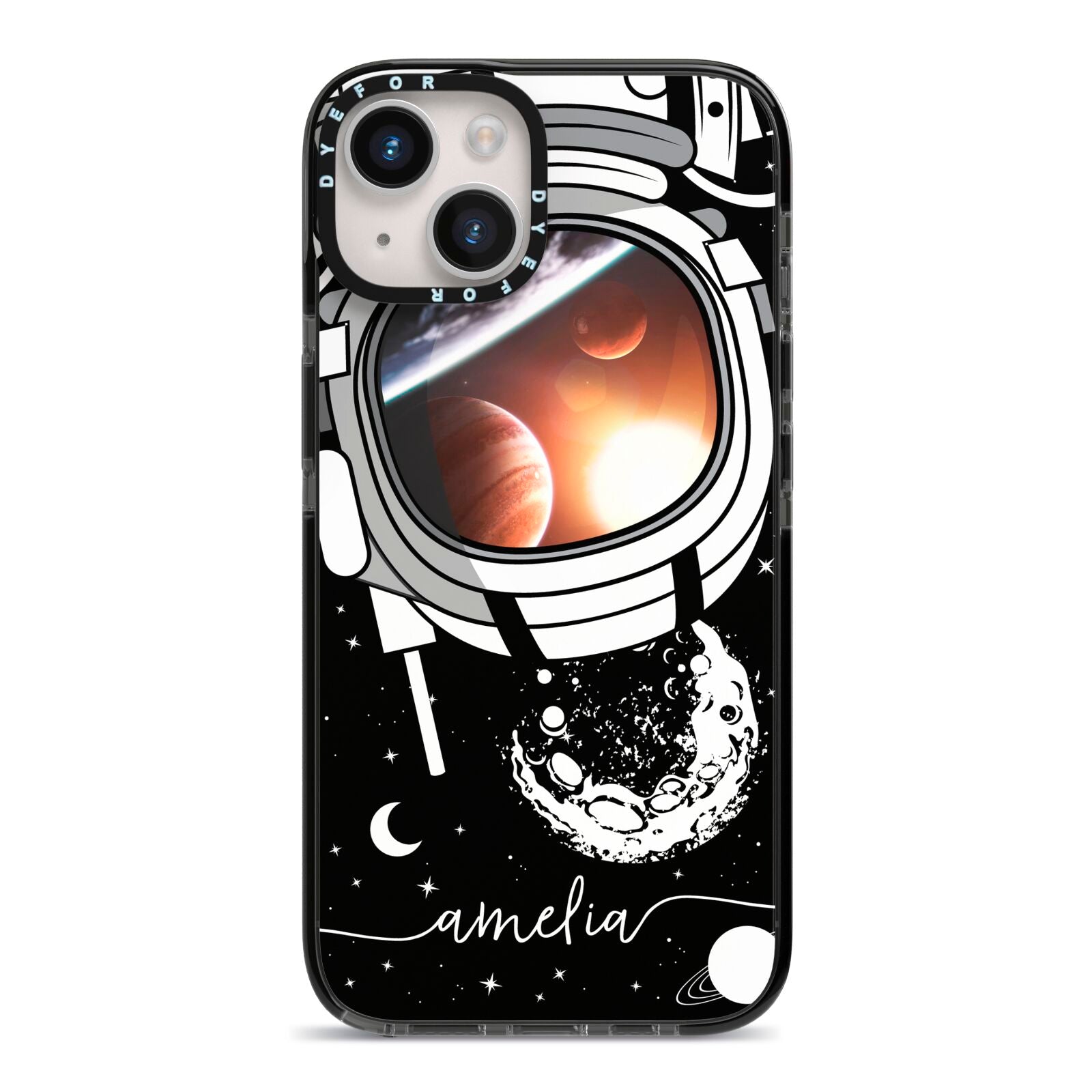 Personalised Astronaut in Space Name iPhone 14 Black Impact Case on Silver phone