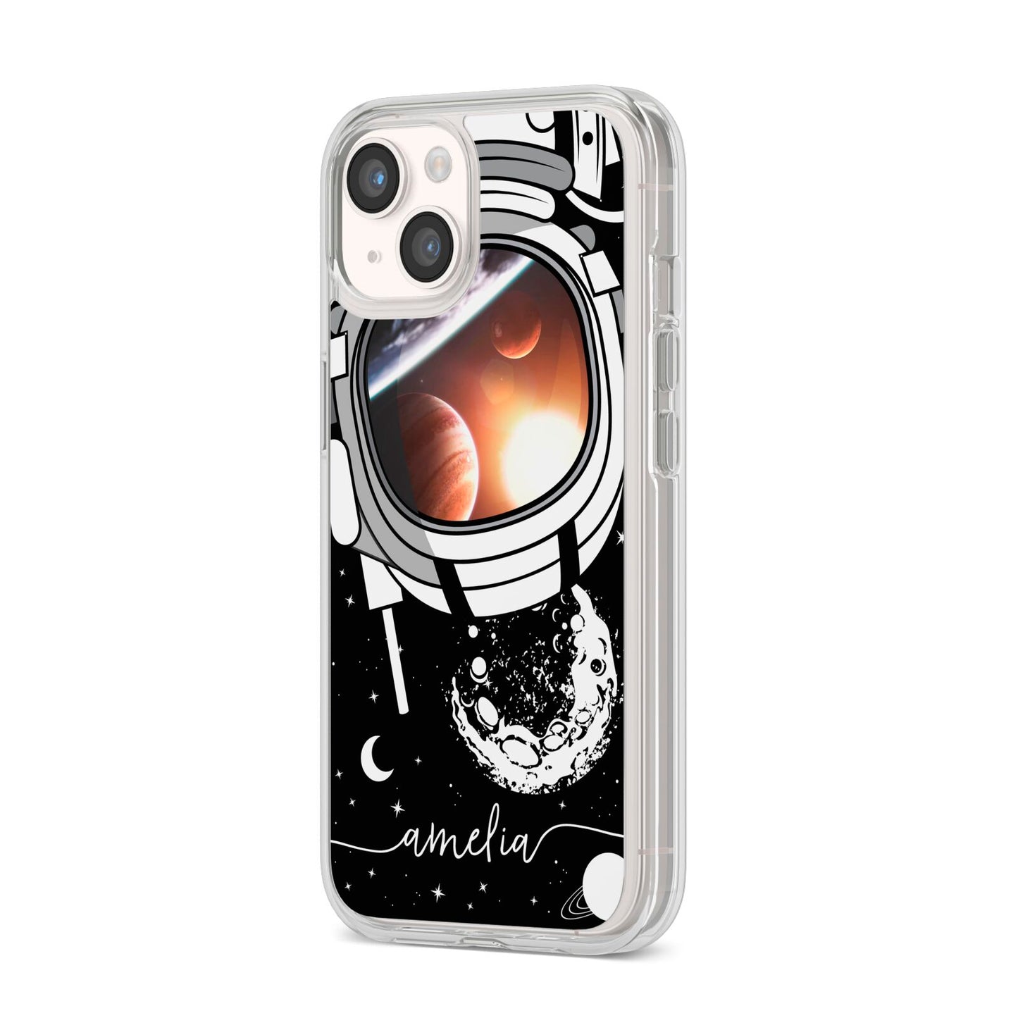 Personalised Astronaut in Space Name iPhone 14 Clear Tough Case Starlight Angled Image