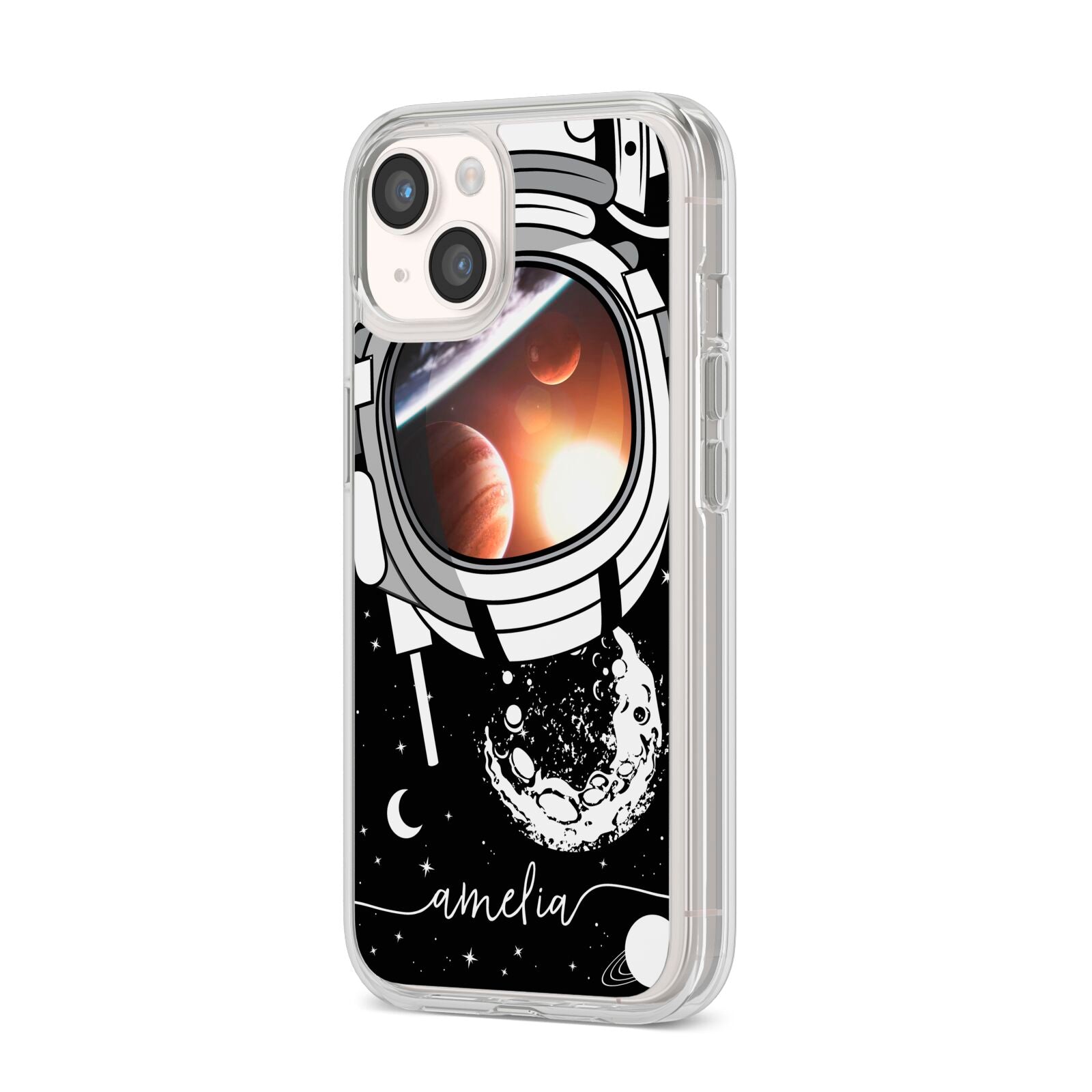 Personalised Astronaut in Space Name iPhone 14 Clear Tough Case Starlight Angled Image
