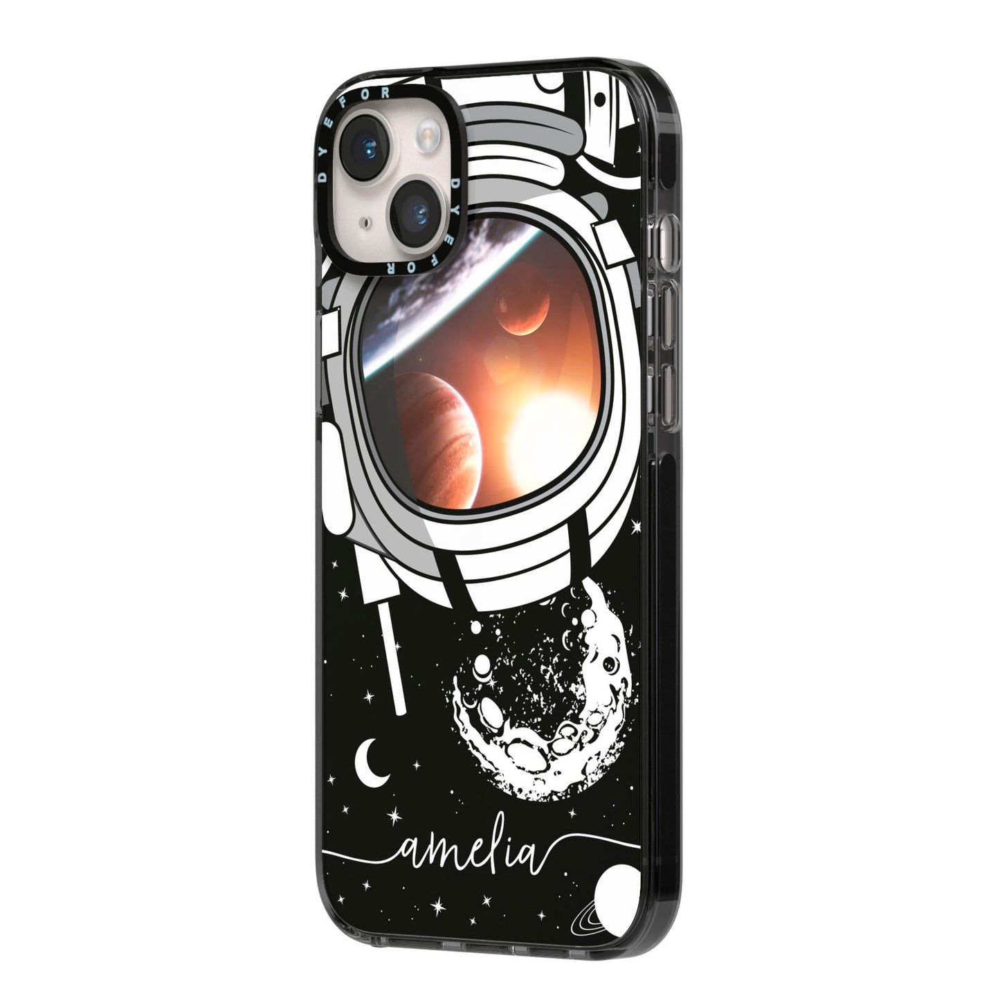 Personalised Astronaut in Space Name iPhone 14 Plus Black Impact Case Side Angle on Silver phone
