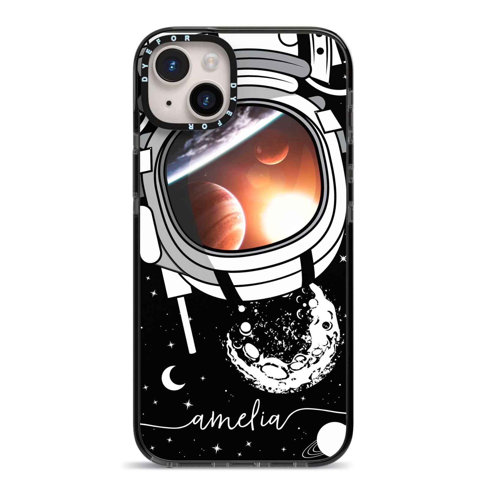 Personalised Astronaut in Space Name iPhone 14 Plus Black Impact Case on Silver phone
