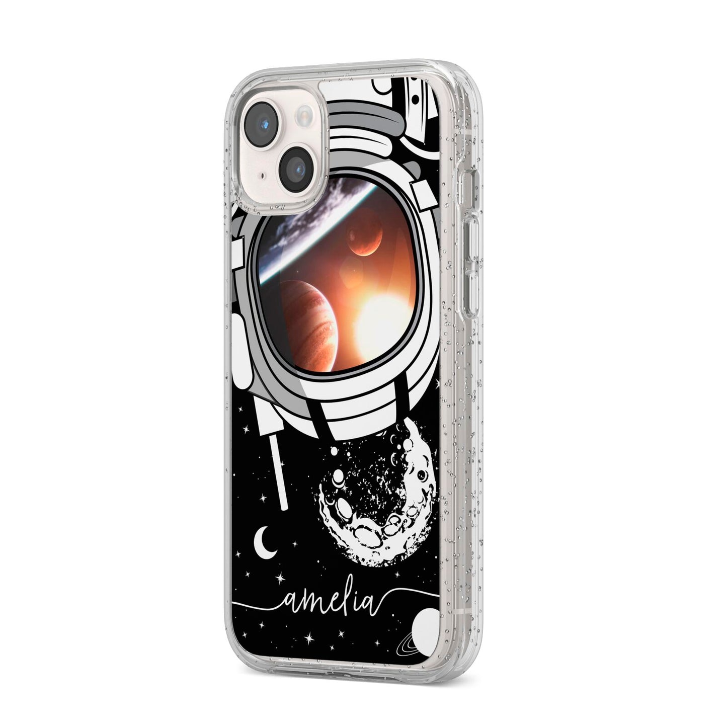 Personalised Astronaut in Space Name iPhone 14 Plus Glitter Tough Case Starlight Angled Image