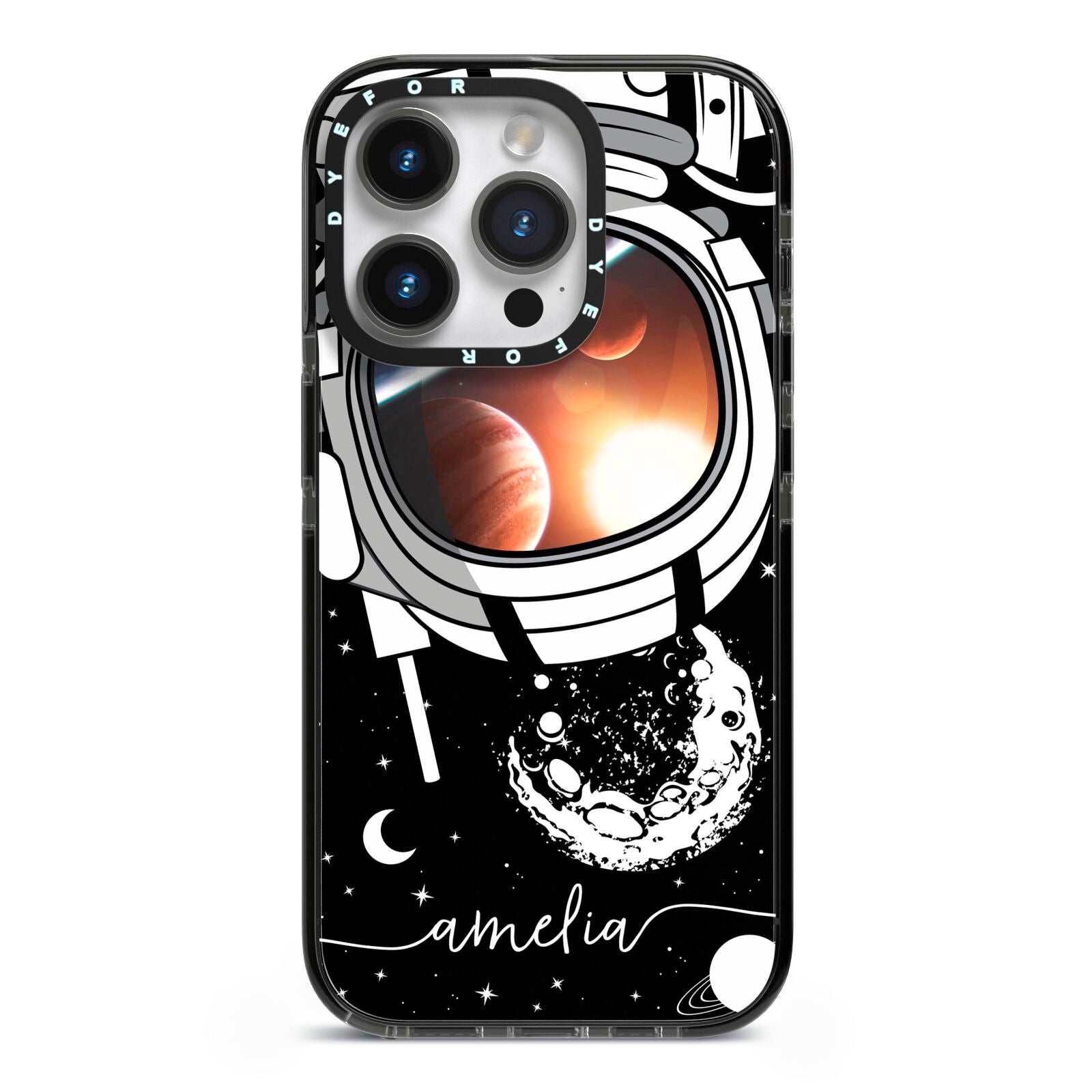 Personalised Astronaut in Space Name iPhone 14 Pro Black Impact Case on Silver phone