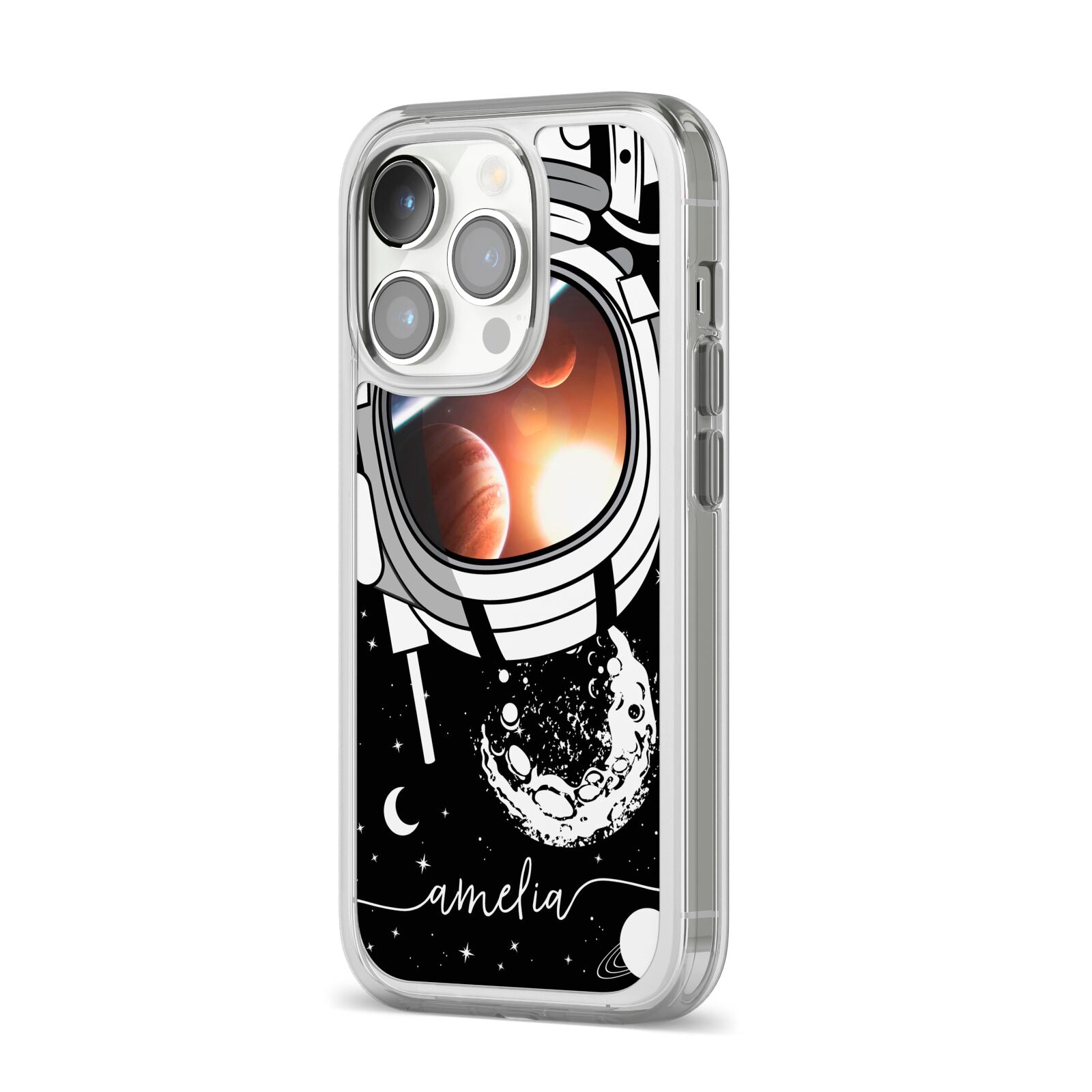 Personalised Astronaut in Space Name iPhone 14 Pro Clear Tough Case Silver Angled Image