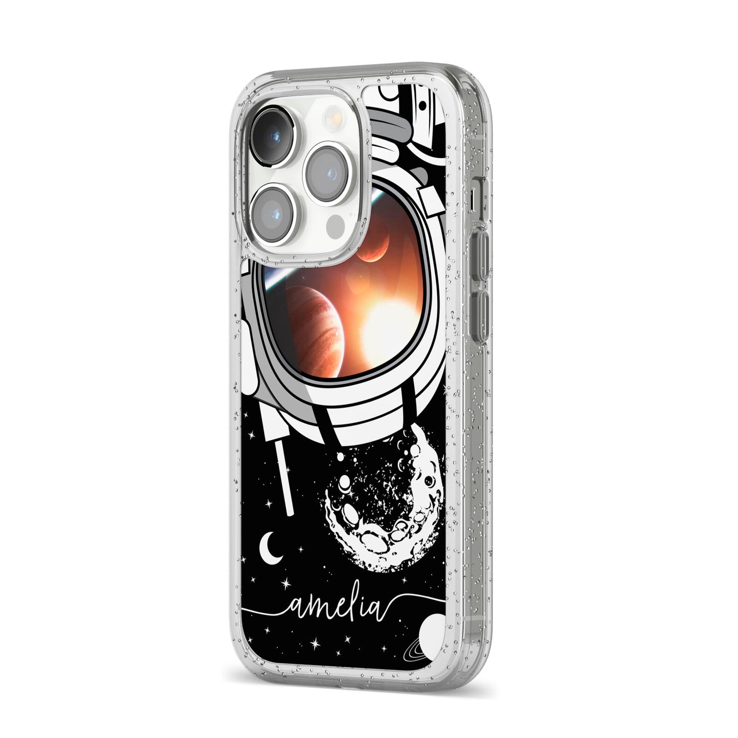 Personalised Astronaut in Space Name iPhone 14 Pro Glitter Tough Case Silver Angled Image