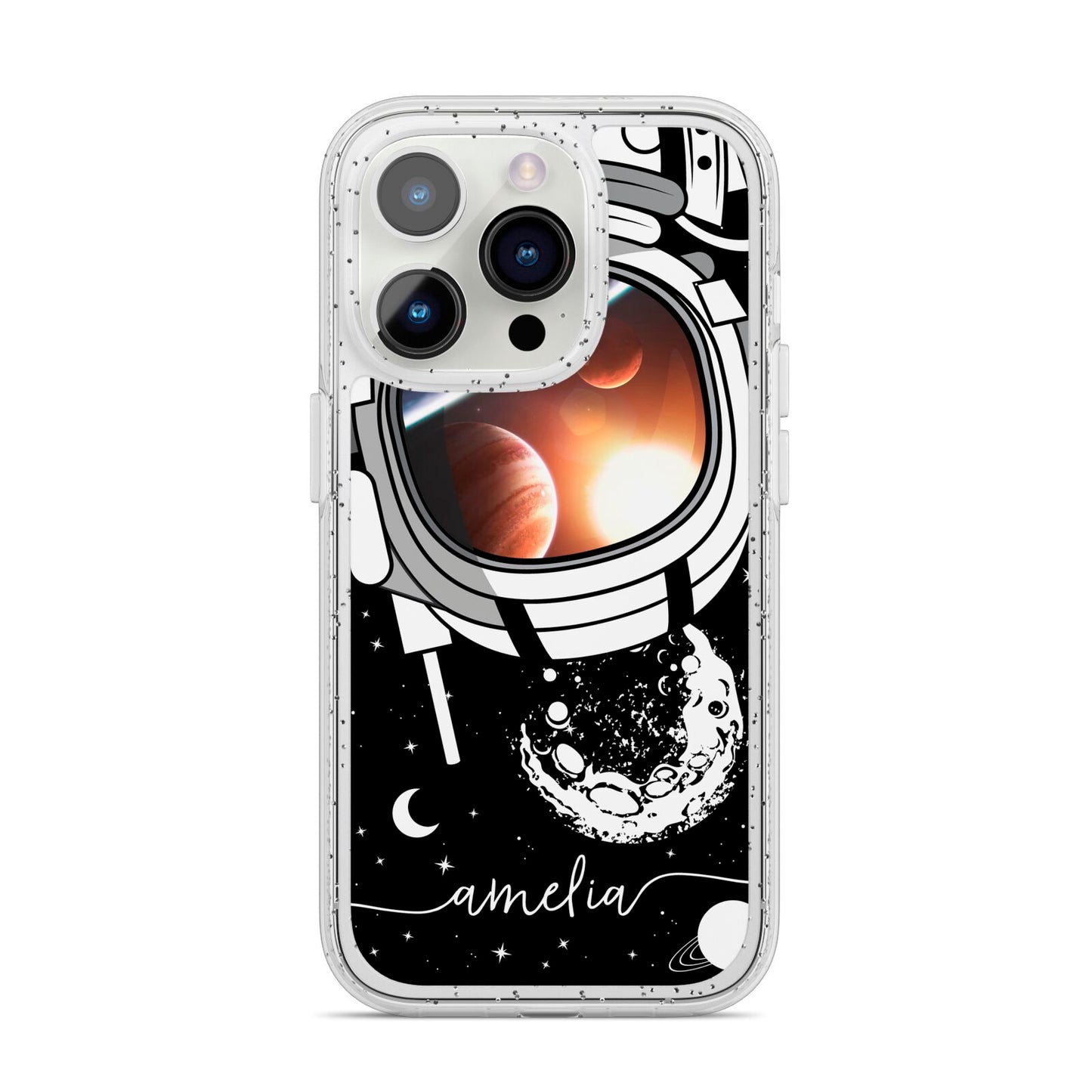 Personalised Astronaut in Space Name iPhone 14 Pro Glitter Tough Case Silver