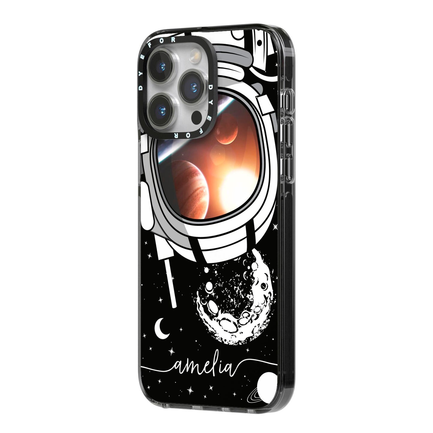 Personalised Astronaut in Space Name iPhone 14 Pro Max Black Impact Case Side Angle on Silver phone