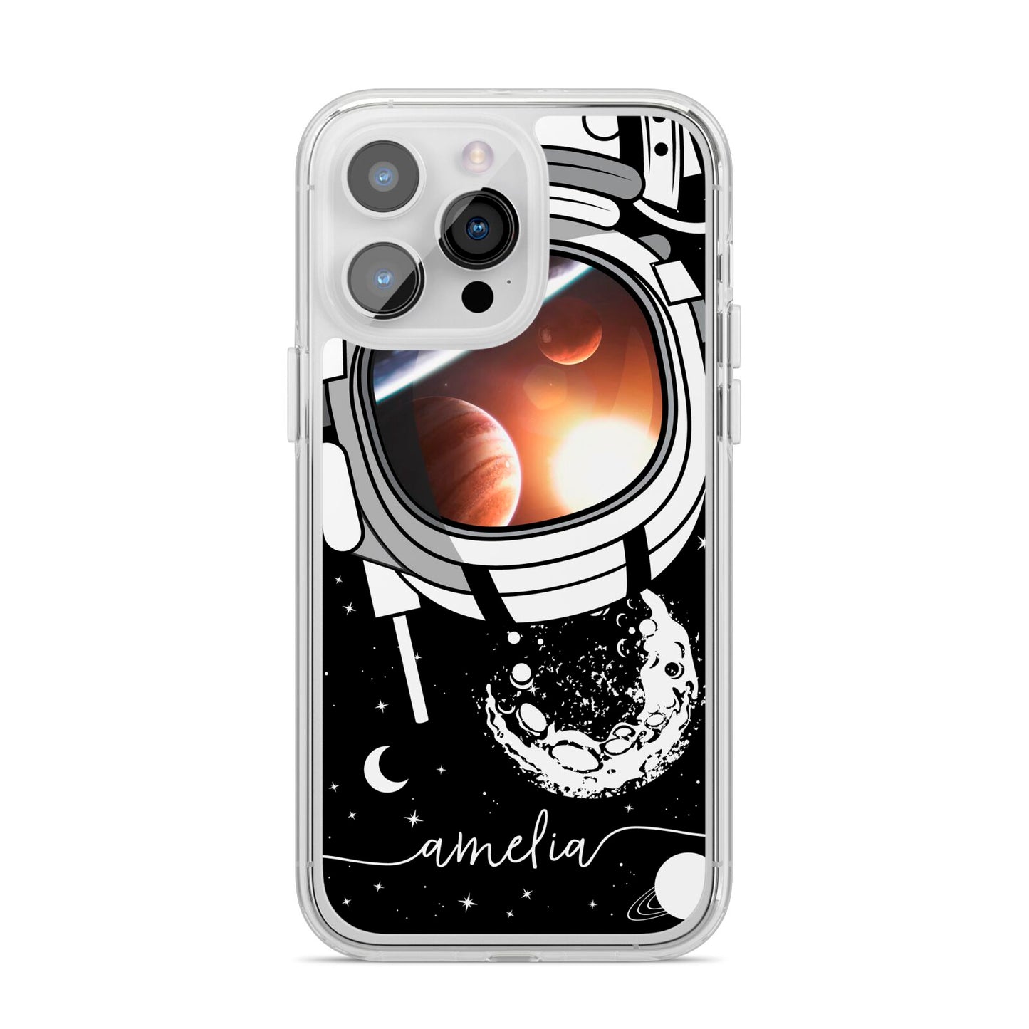 Personalised Astronaut in Space Name iPhone 14 Pro Max Clear Tough Case Silver