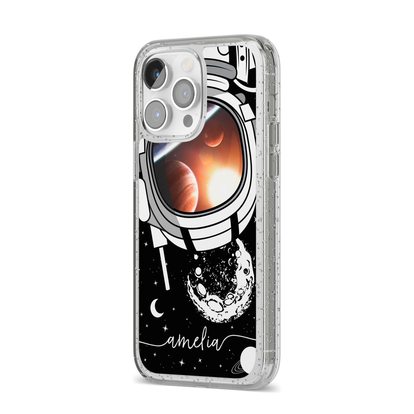 Personalised Astronaut in Space Name iPhone 14 Pro Max Glitter Tough Case Silver Angled Image