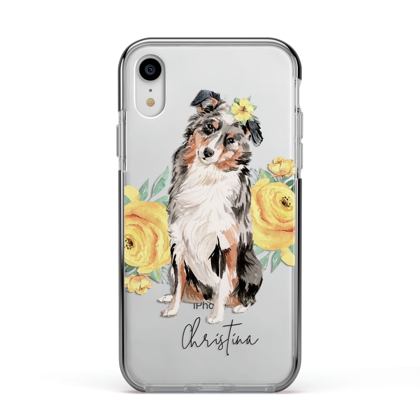 Personalised Australian Shepherd Apple iPhone XR Impact Case Black Edge on Silver Phone