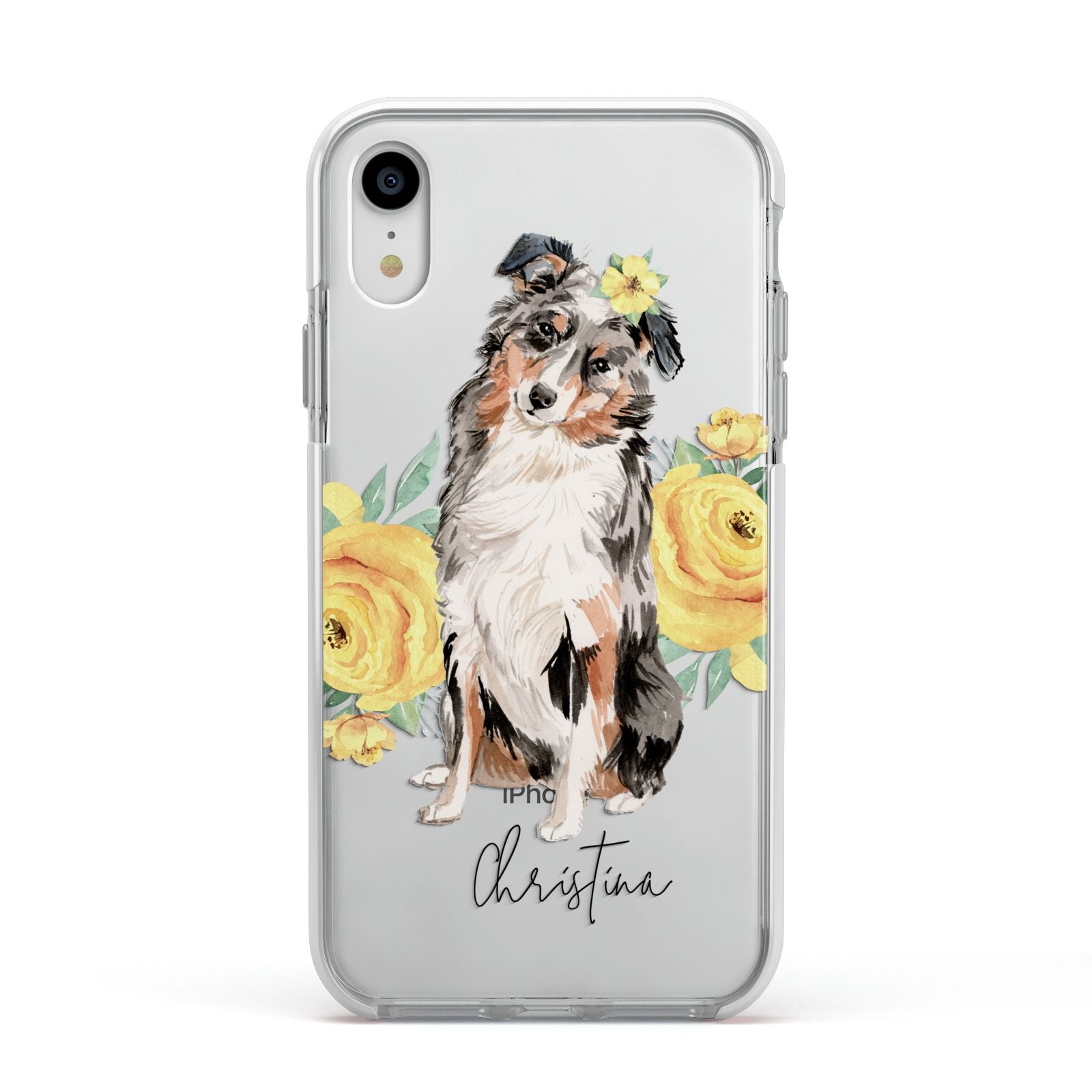Personalised Australian Shepherd Apple iPhone XR Impact Case White Edge on Silver Phone