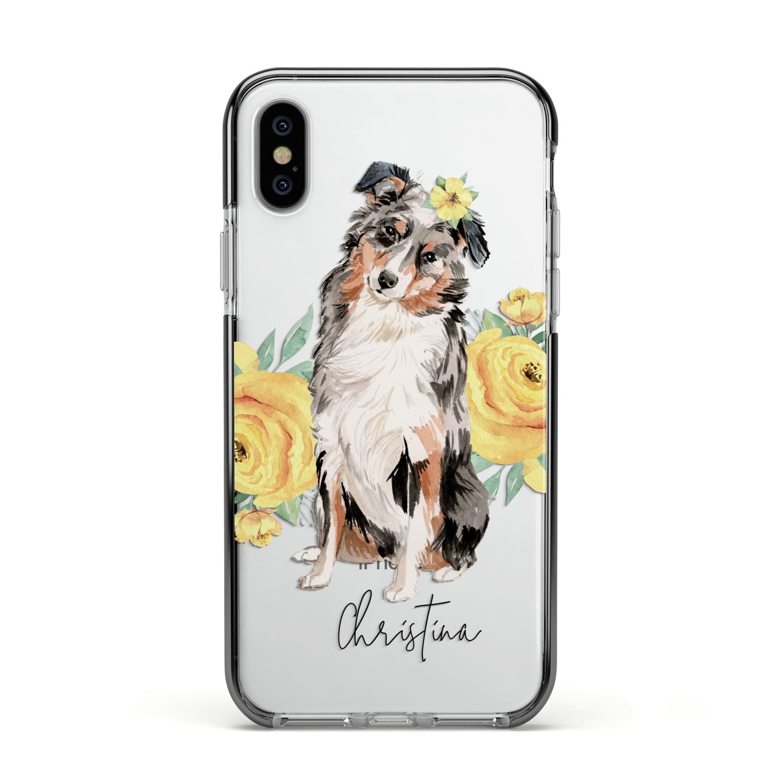 Personalised Australian Shepherd Apple iPhone Xs Impact Case Black Edge on Silver Phone