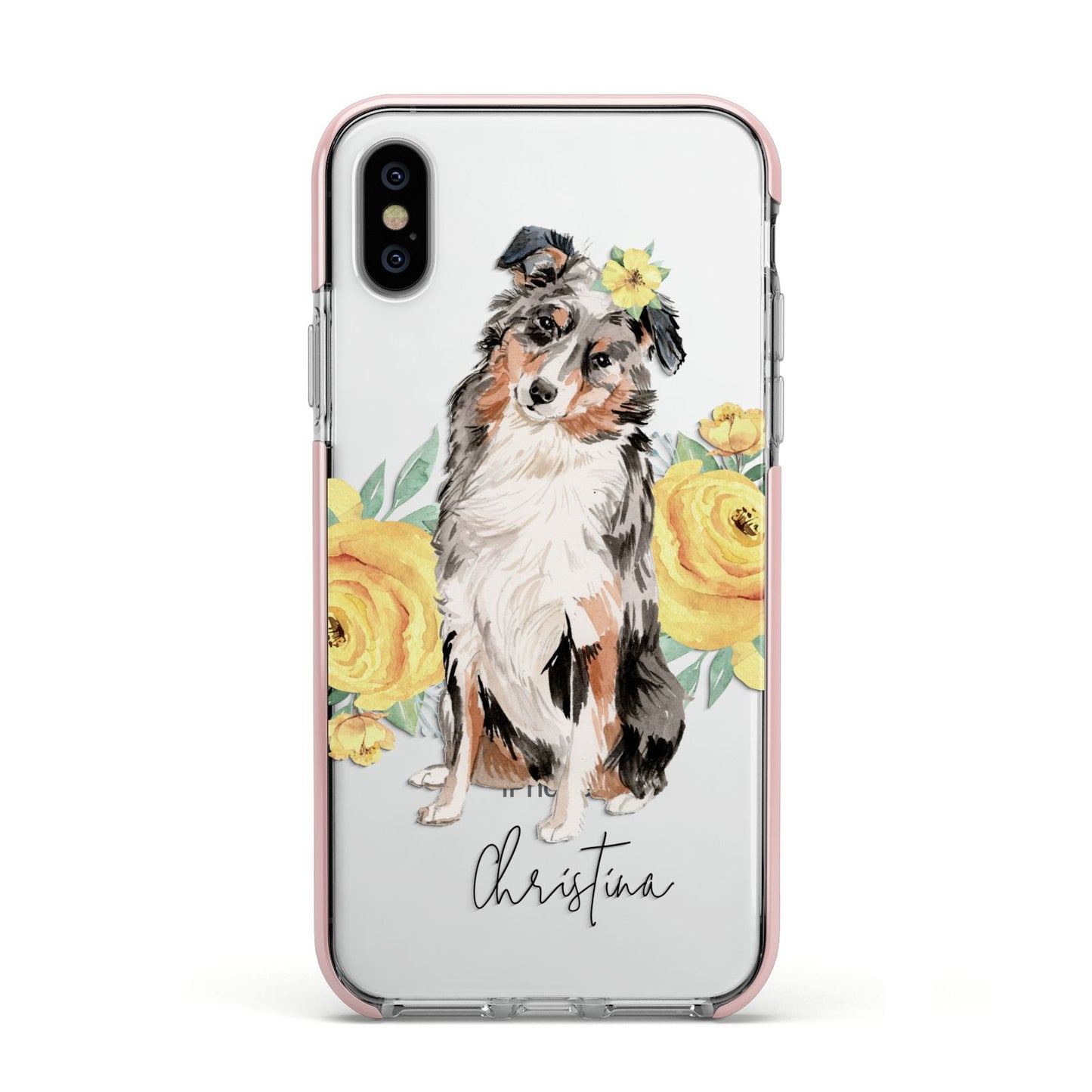 Personalised Australian Shepherd Apple iPhone Xs Impact Case Pink Edge on Silver Phone