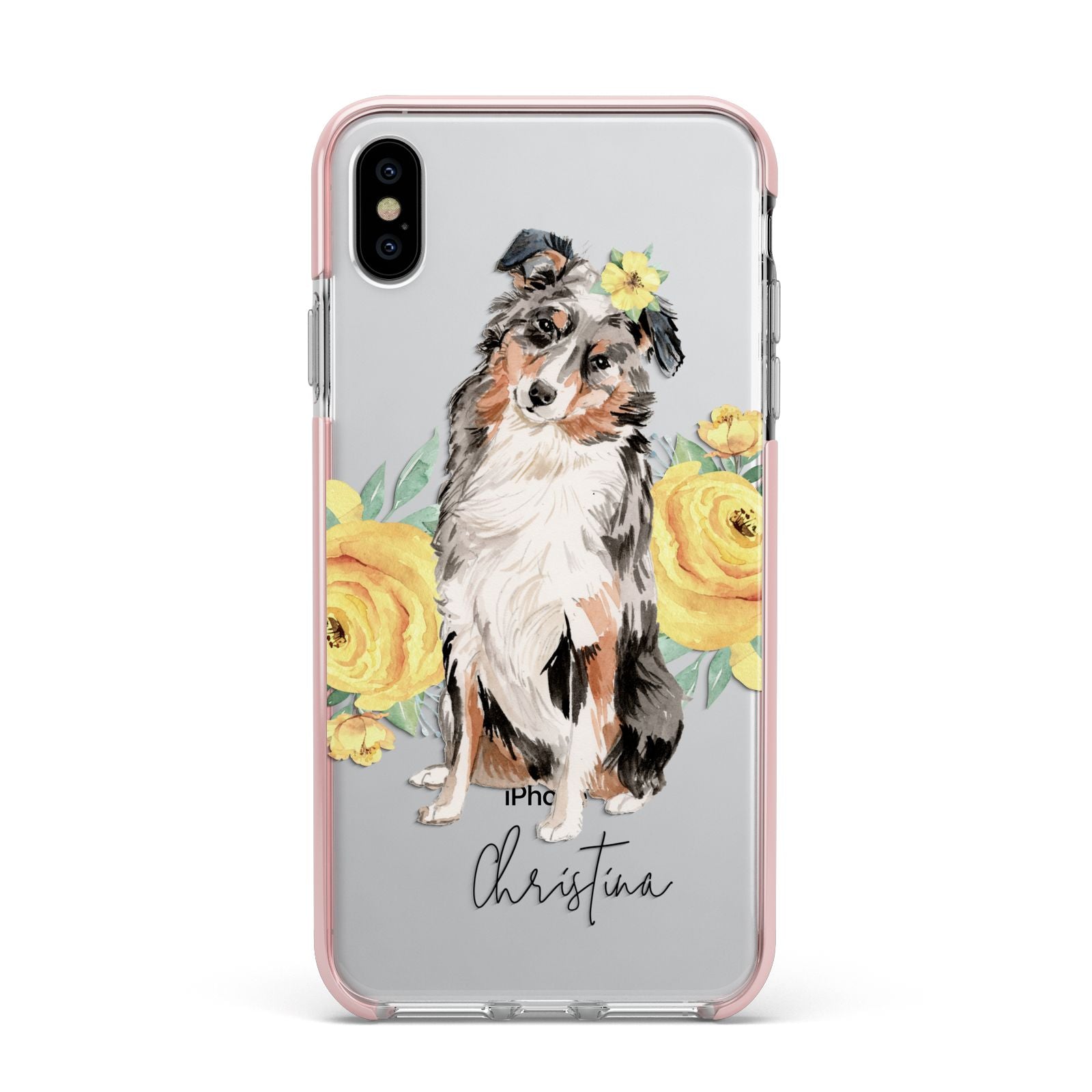 Personalised Australian Shepherd Apple iPhone Xs Max Impact Case Pink Edge on Silver Phone