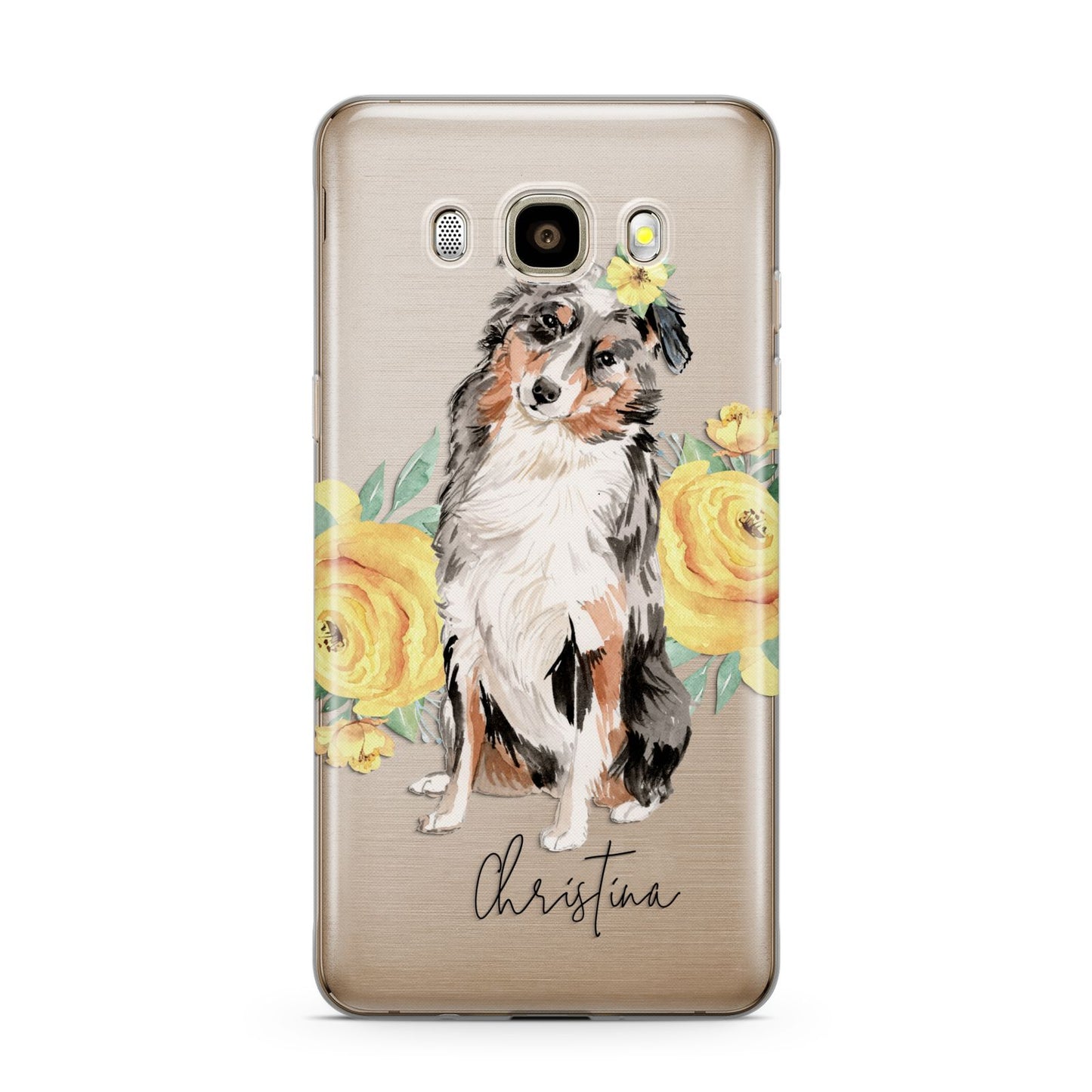Personalised Australian Shepherd Samsung Galaxy J7 2016 Case on gold phone