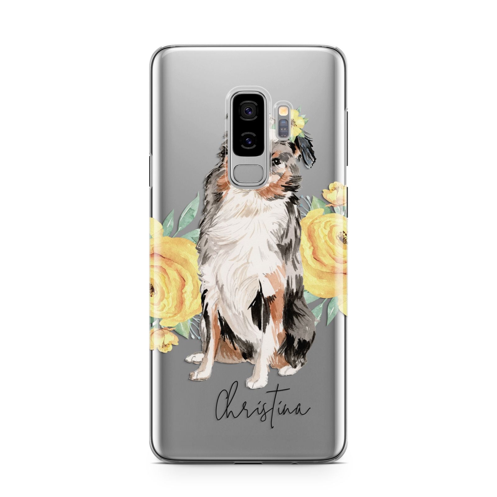 Personalised Australian Shepherd Samsung Galaxy S9 Plus Case on Silver phone