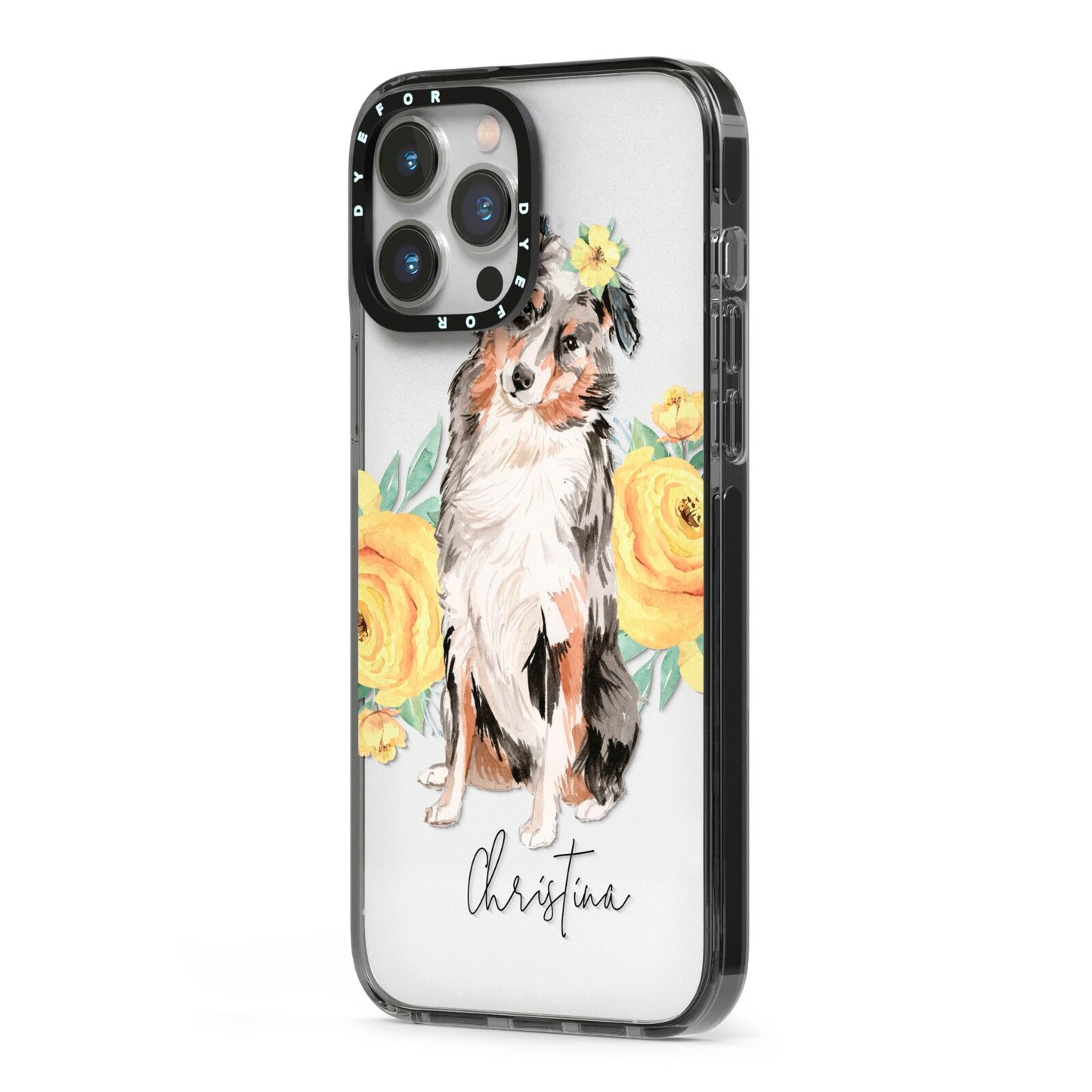 Personalised Australian Shepherd iPhone 13 Pro Max Black Impact Case Side Angle on Silver phone