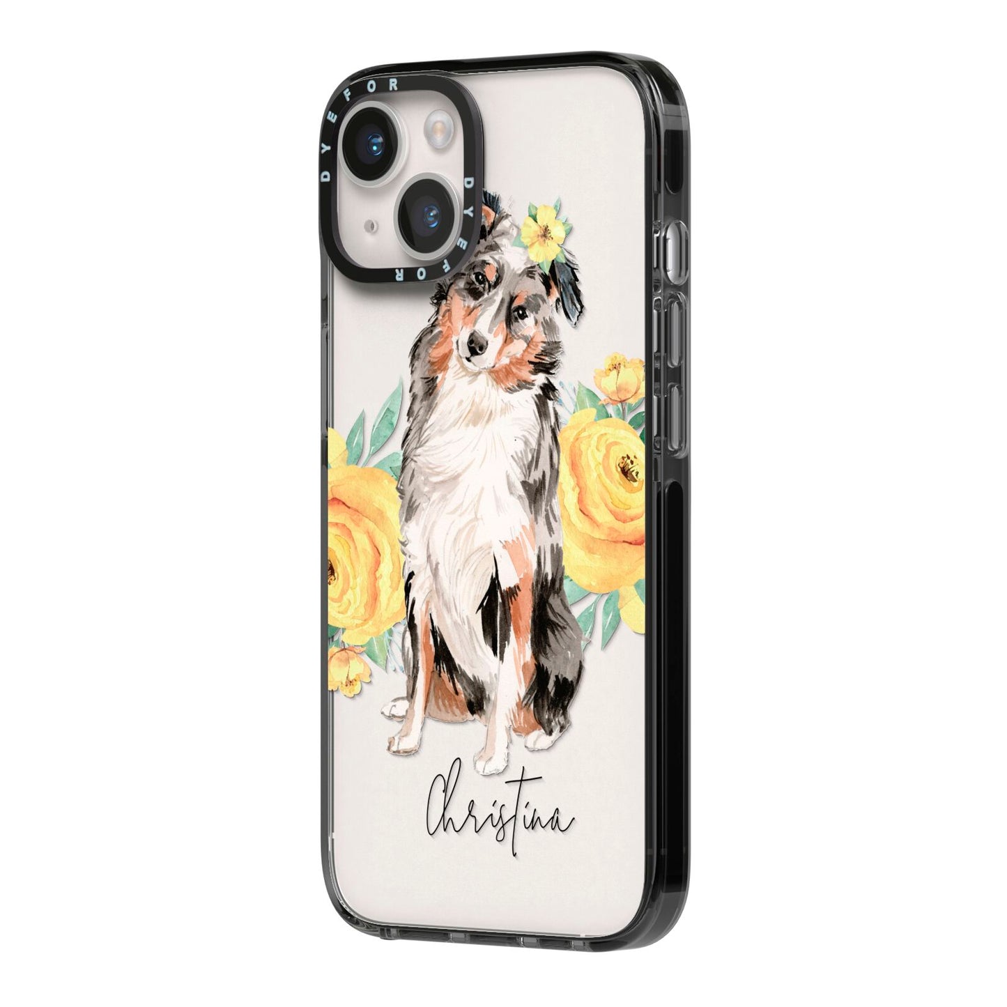 Personalised Australian Shepherd iPhone 14 Black Impact Case Side Angle on Silver phone