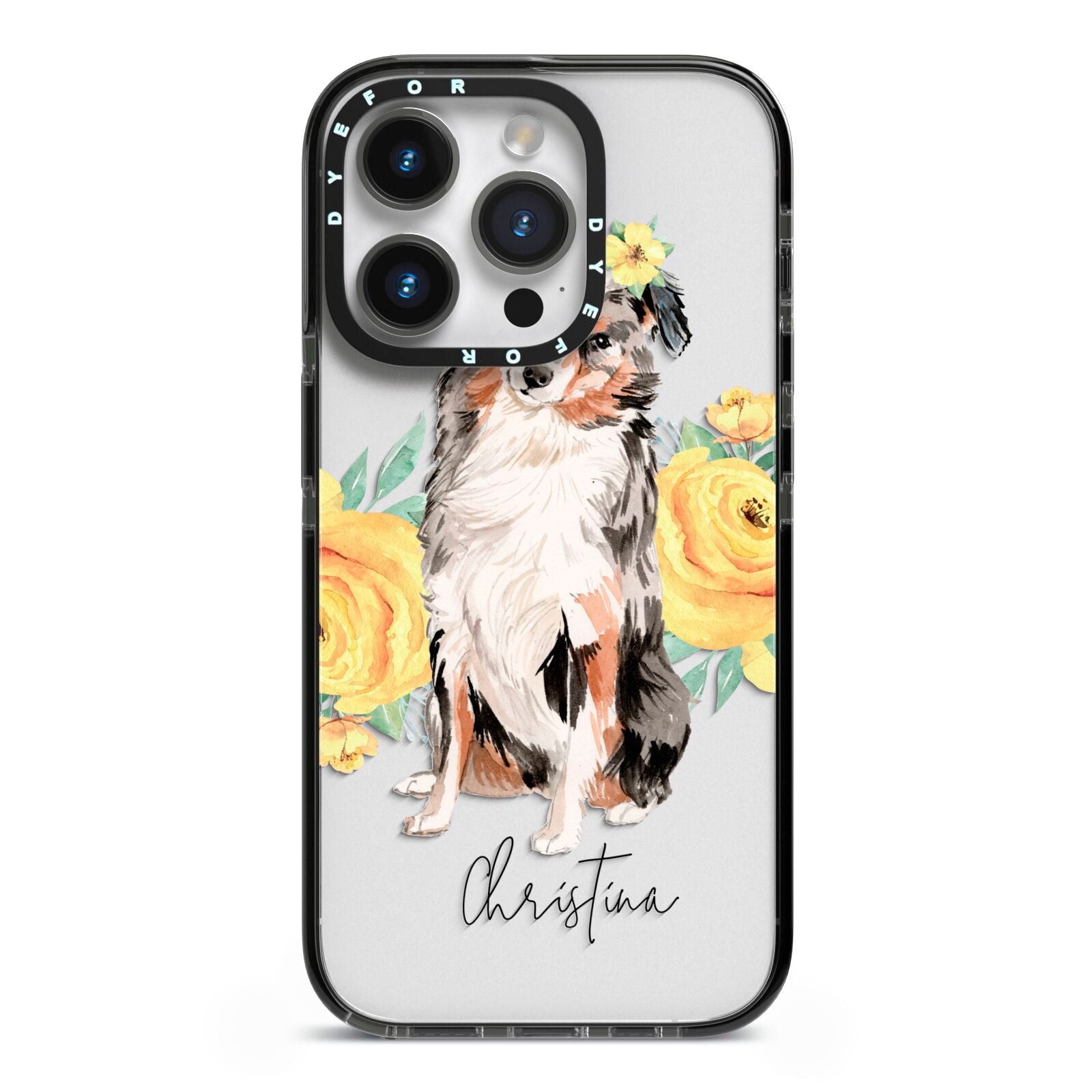 Personalised Australian Shepherd iPhone 14 Pro Black Impact Case on Silver phone