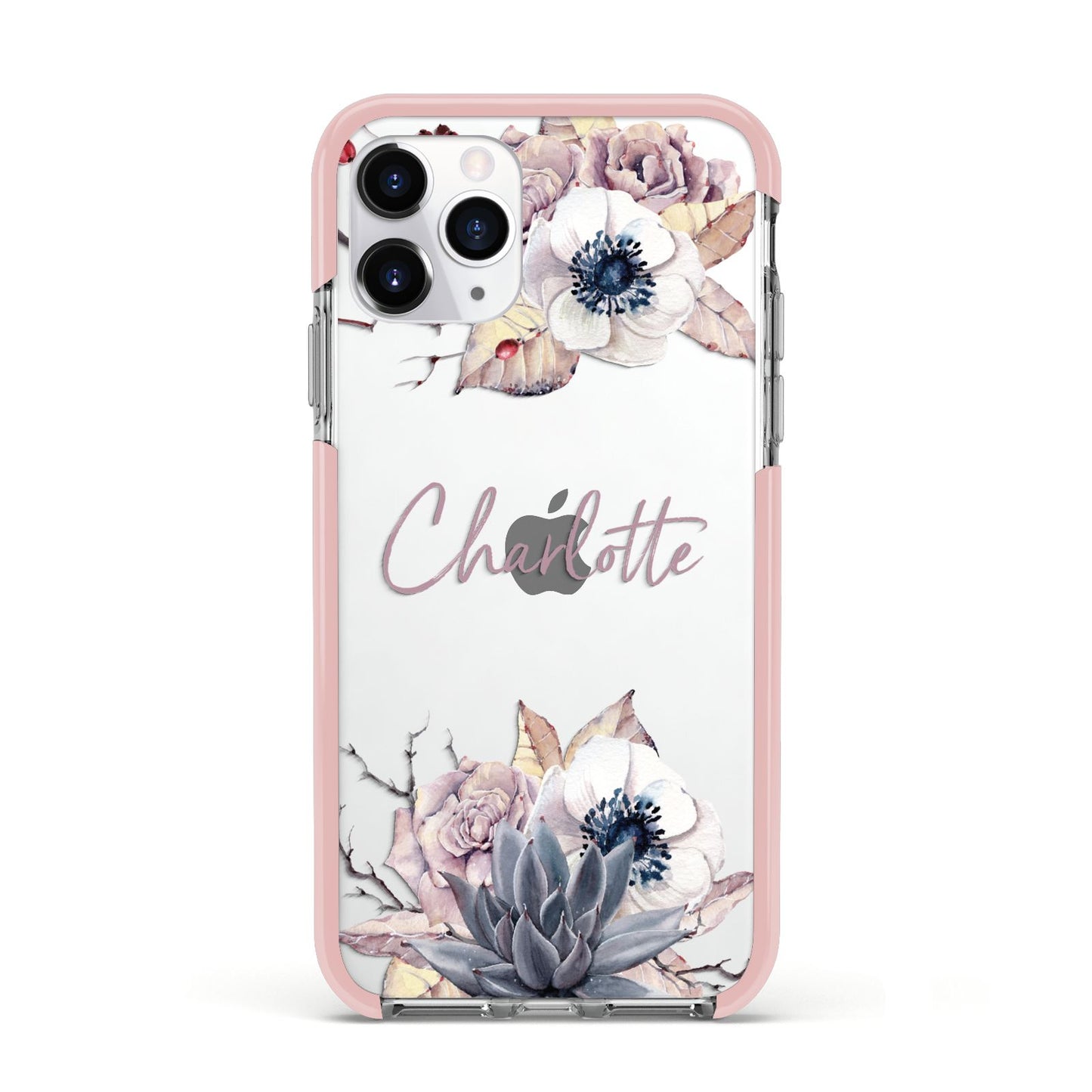 Personalised Autumn Floral Apple iPhone 11 Pro in Silver with Pink Impact Case