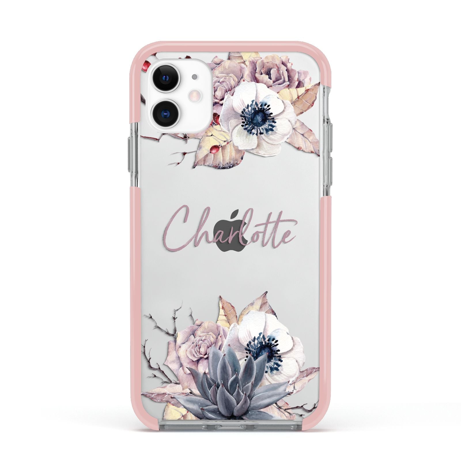 Personalised Autumn Floral Apple iPhone 11 in White with Pink Impact Case