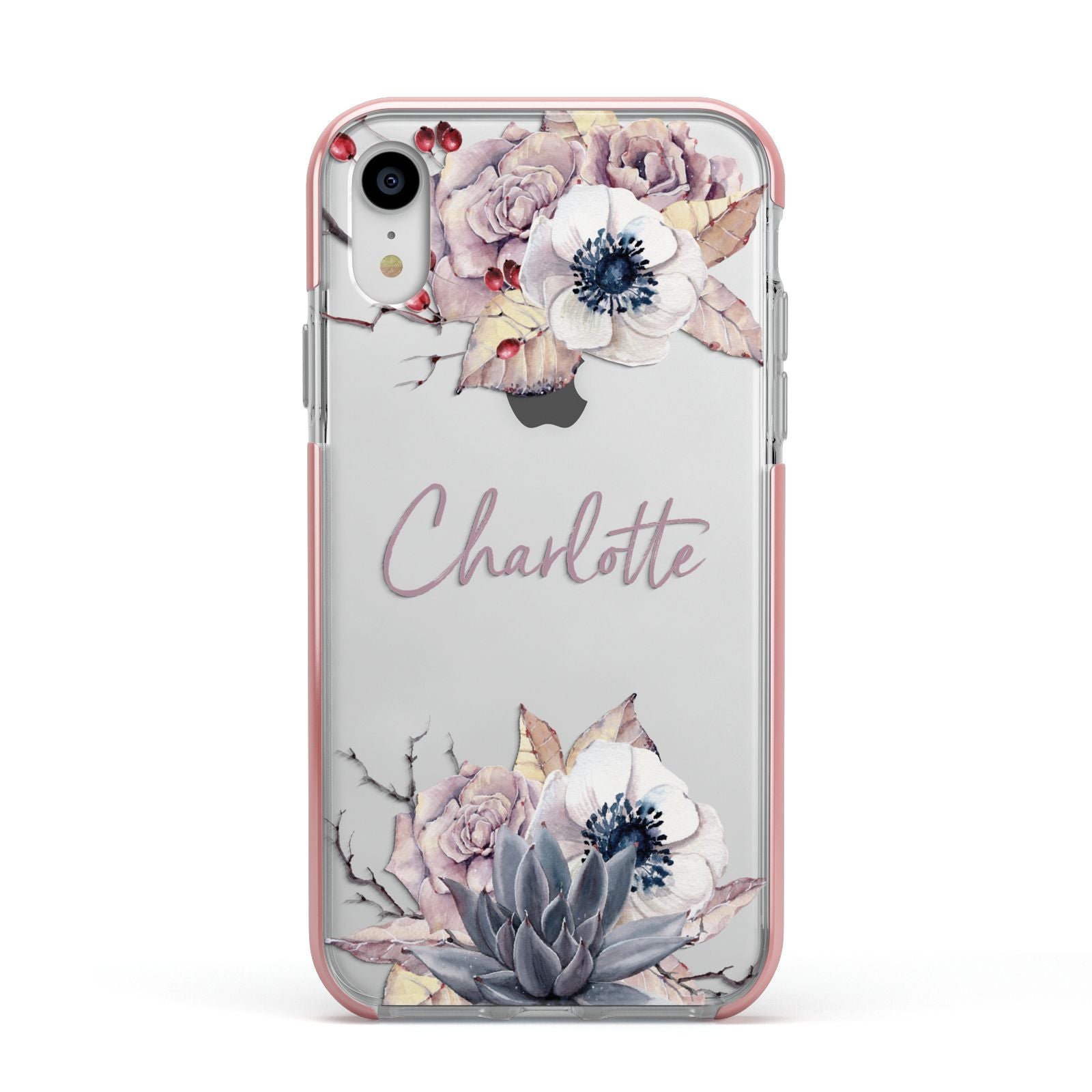 Personalised Autumn Floral Apple iPhone XR Impact Case Pink Edge on Silver Phone