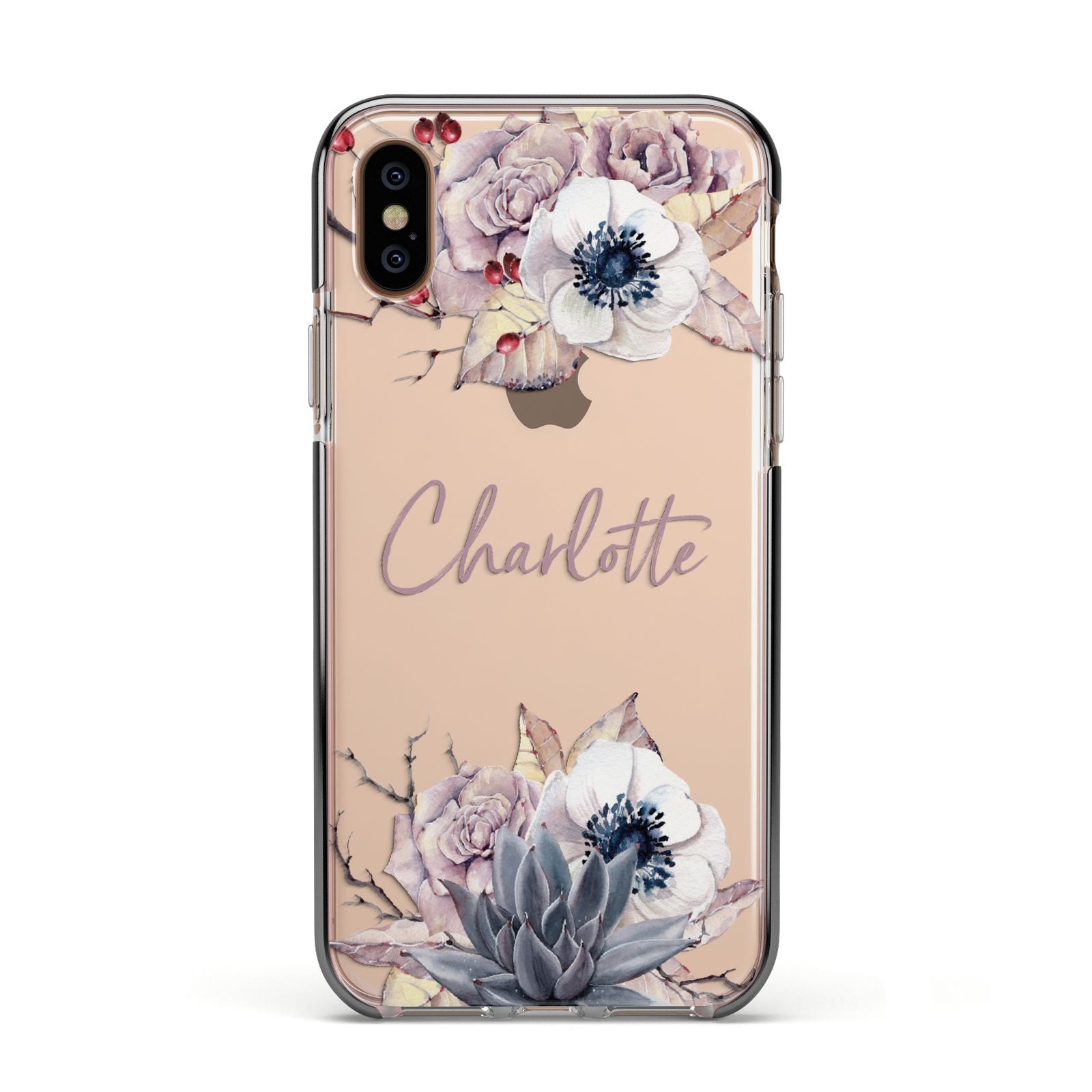 Personalised Autumn Floral Apple iPhone Xs Impact Case Black Edge on Gold Phone