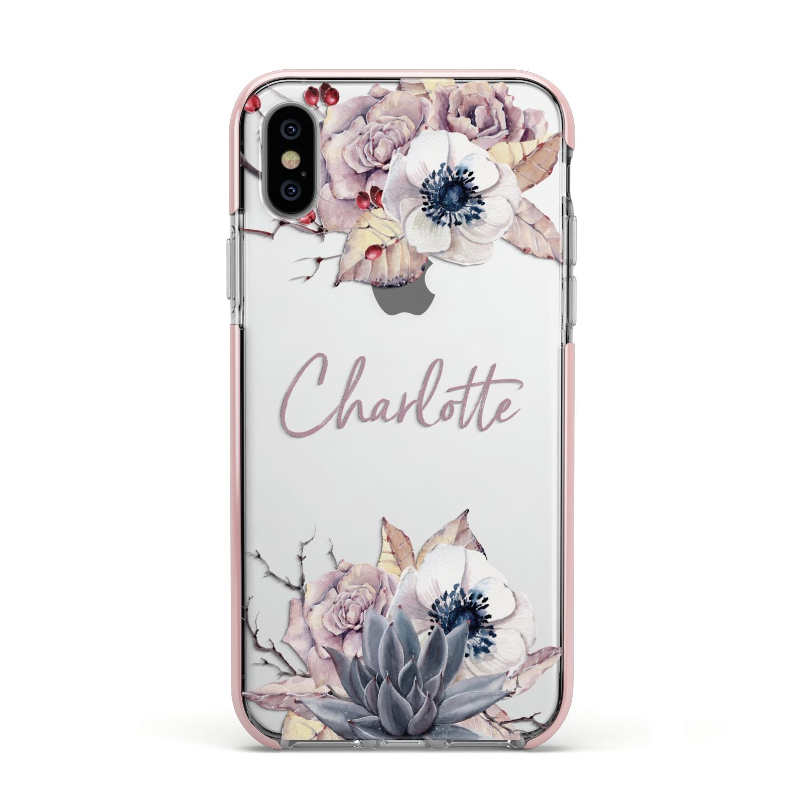 Personalised Autumn Floral Apple iPhone Xs Impact Case Pink Edge on Silver Phone