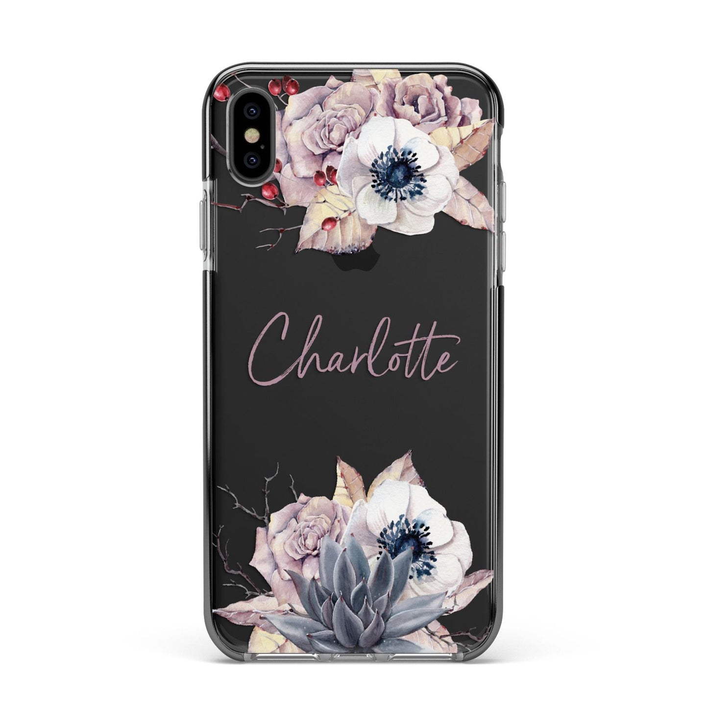 Personalised Autumn Floral Apple iPhone Xs Max Impact Case Black Edge on Black Phone