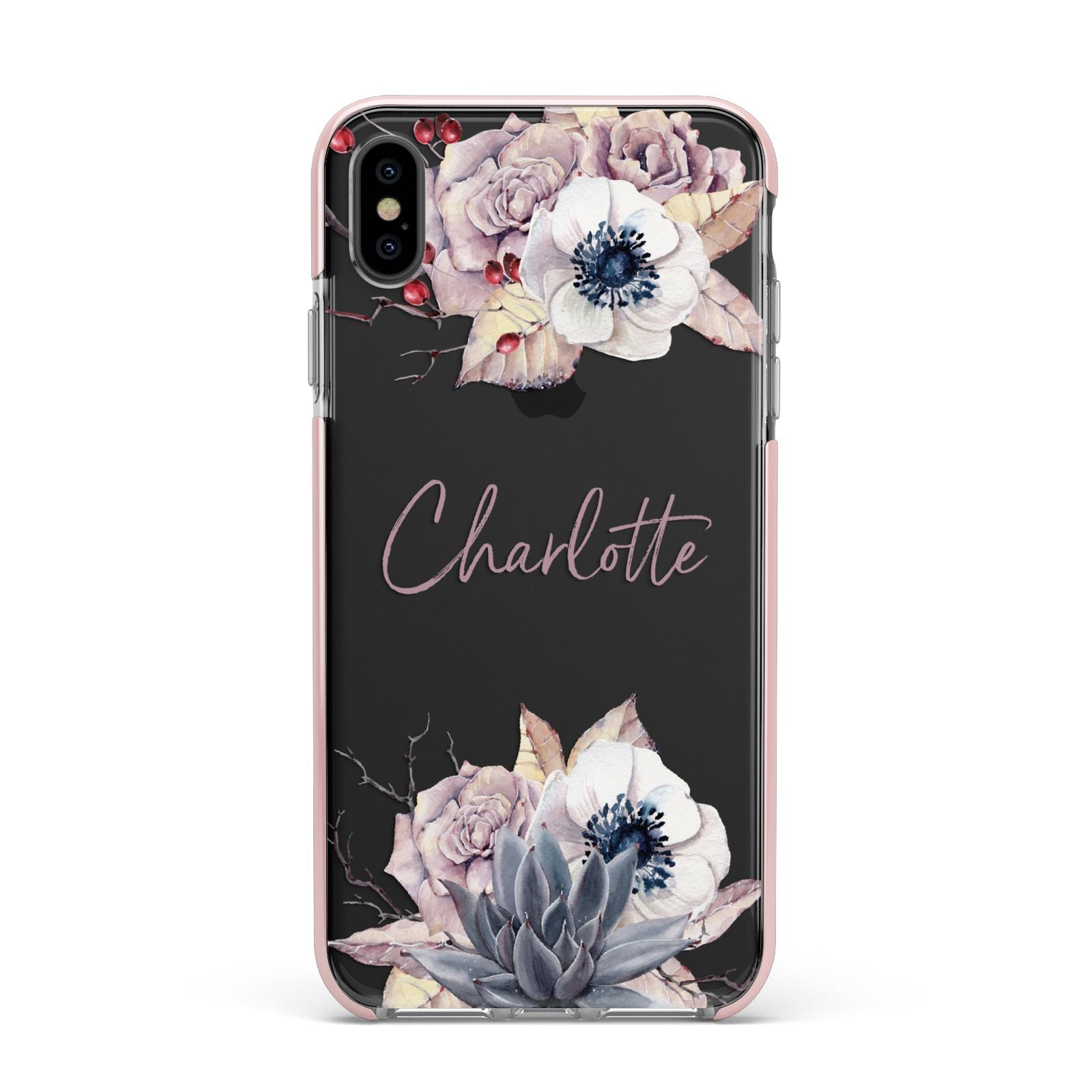 Personalised Autumn Floral Apple iPhone Xs Max Impact Case Pink Edge on Black Phone