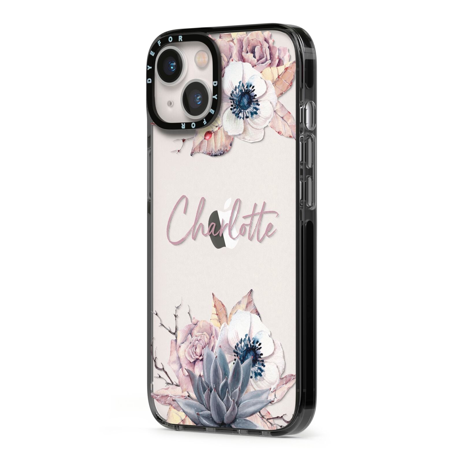Personalised Autumn Floral iPhone 13 Black Impact Case Side Angle on Silver phone