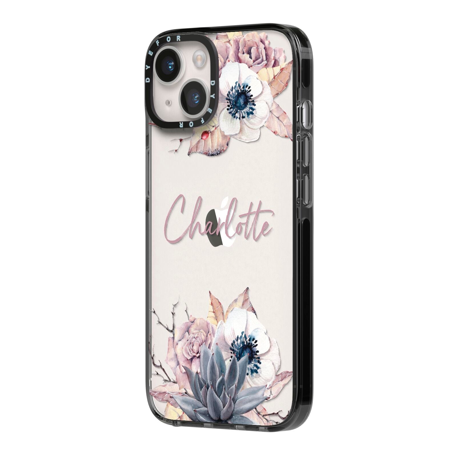 Personalised Autumn Floral iPhone 14 Black Impact Case Side Angle on Silver phone