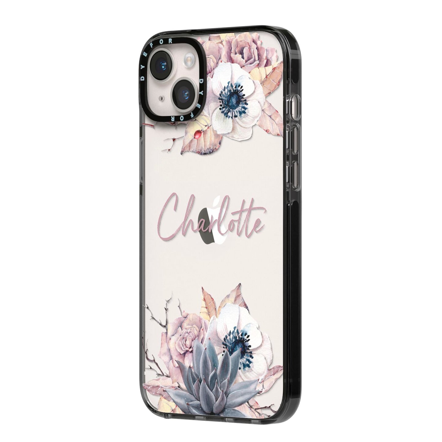 Personalised Autumn Floral iPhone 14 Plus Black Impact Case Side Angle on Silver phone