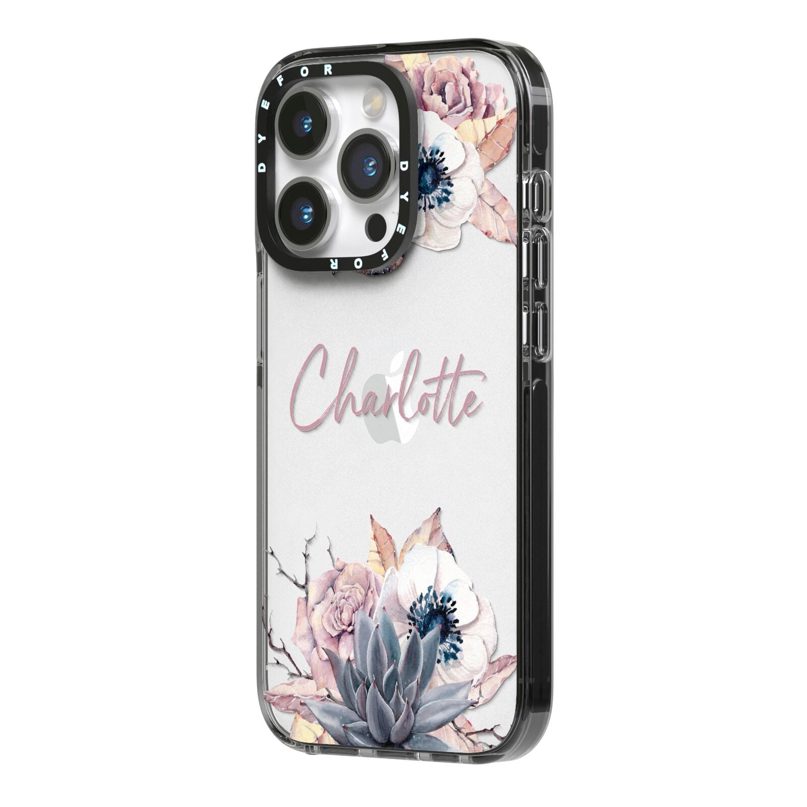 Personalised Autumn Floral iPhone 14 Pro Black Impact Case Side Angle on Silver phone