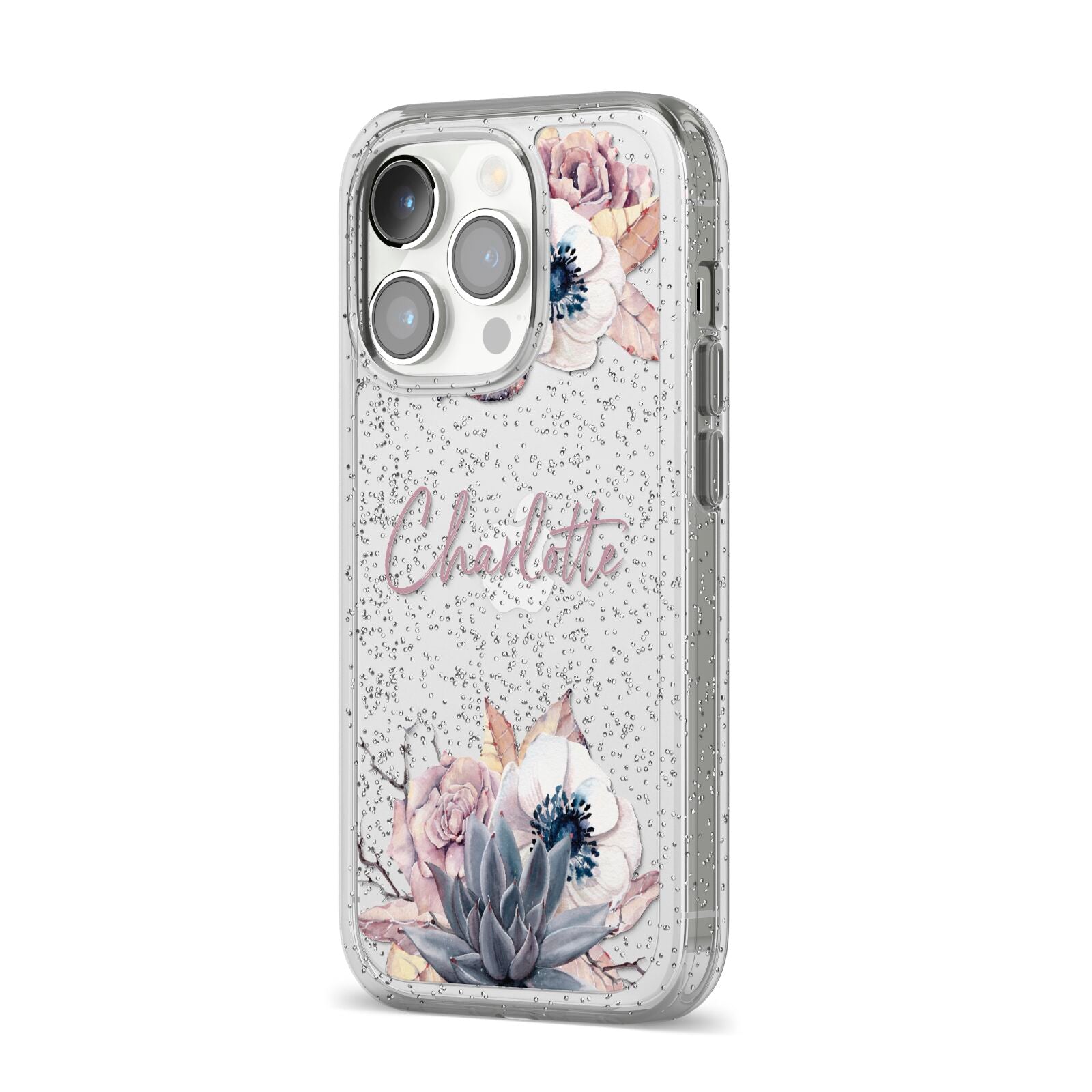 Personalised Autumn Floral iPhone 14 Pro Glitter Tough Case Silver Angled Image