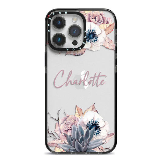 Personalised Autumn Floral iPhone 14 Pro Max Black Impact Case on Silver phone