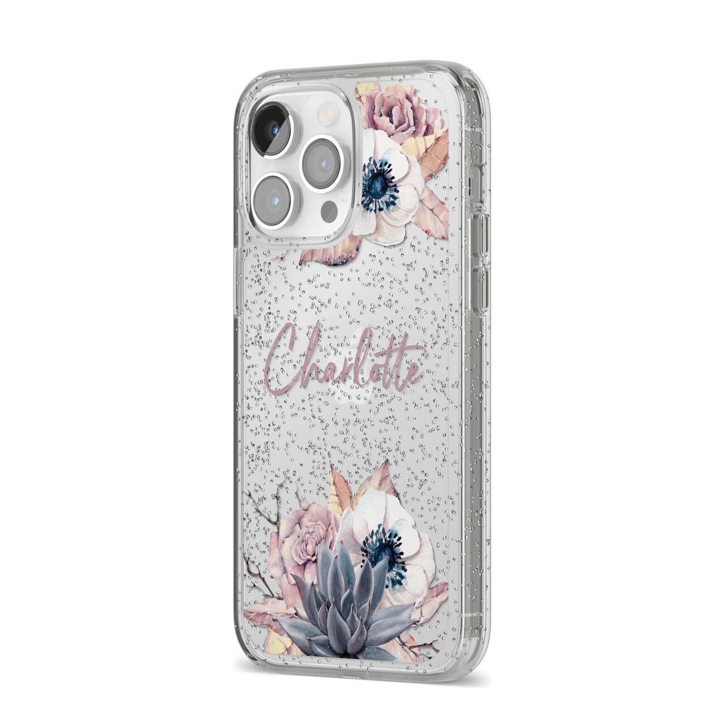 Personalised Autumn Floral iPhone 14 Pro Max Glitter Tough Case Silver Angled Image